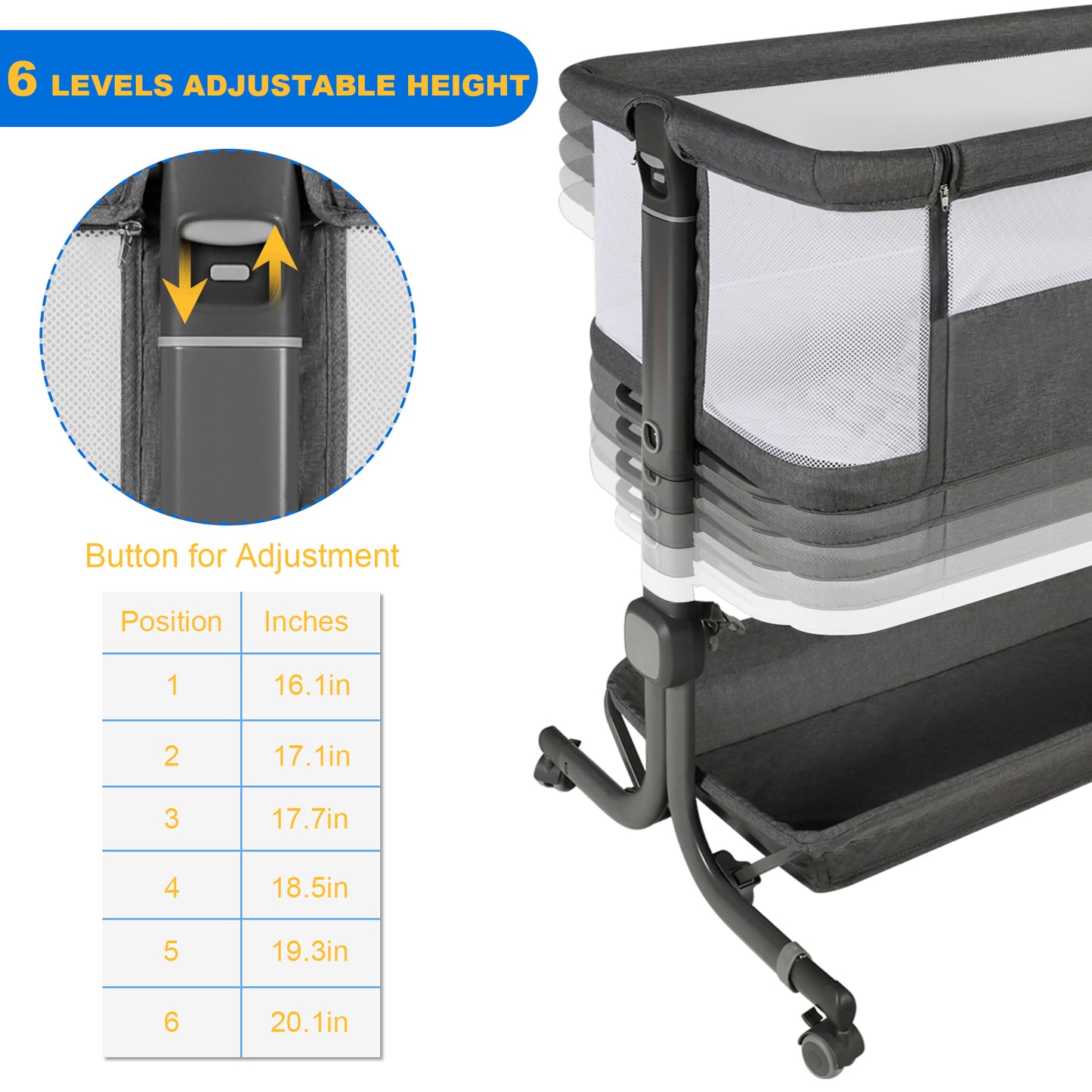 Baby Bassinet Bedside Sleeper with Wheels, Newborn Baby Cribs w/Storage Basket, Grey