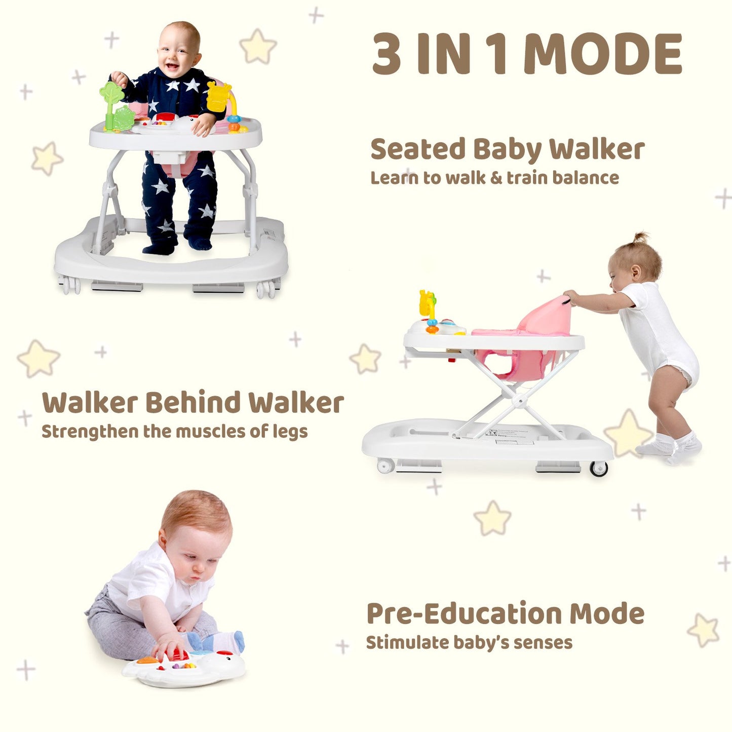 AILEEKISS 3 in 1 Baby Walker with Wheels, Foldable Infant Walker Girl Toddler Activity Center, Pink