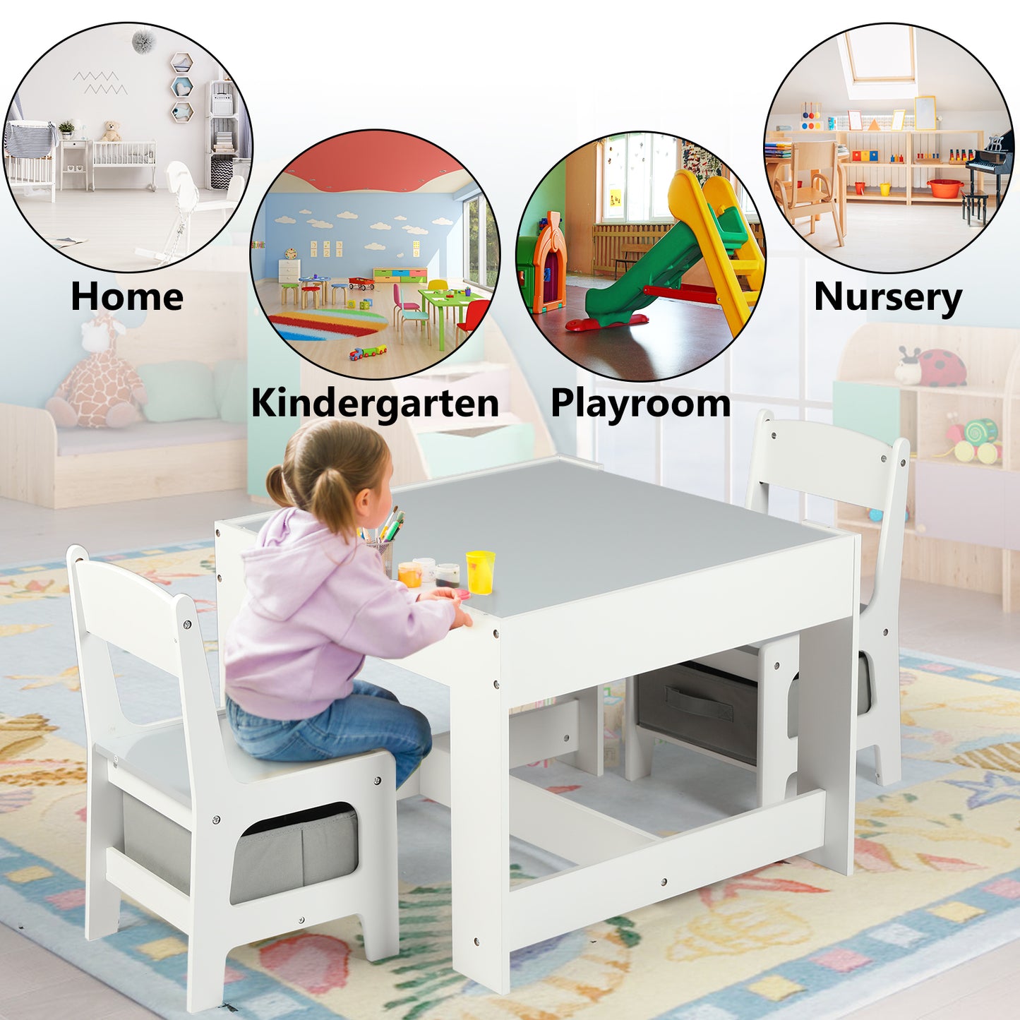 3 in 1 Kids Wood Table & 2 Chairs Set, Children Activity Table w/Storage, Grey