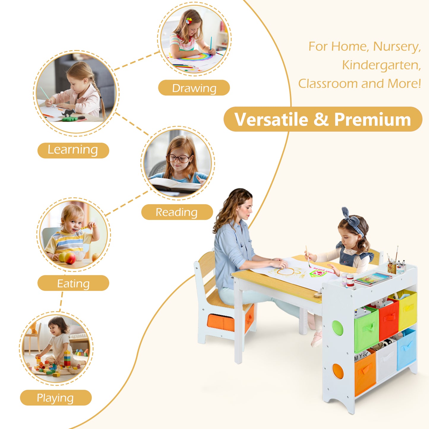 LINLUX Kids Art Table w/Easel, Kids Craft Table & Chair Set for Drawing, Child Activity Table, Natural