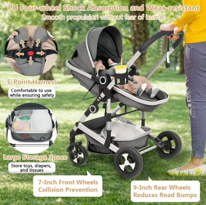 LINLUX 3 in 1 Baby Stroller w/ Diaper Bag & Big Wheel, Infant Pushchair, 23 Pounds, Dark Gray