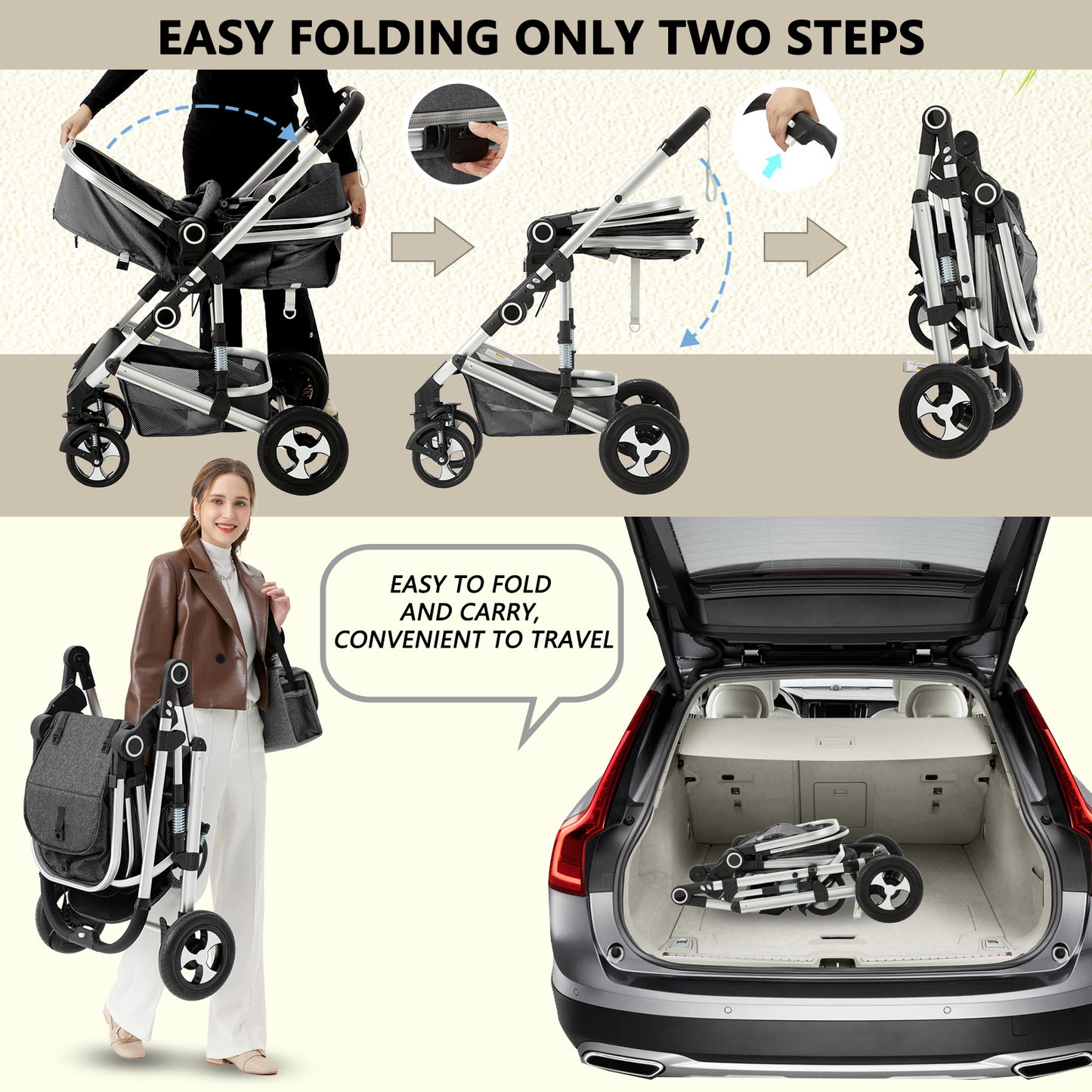 AILEEKISS 3 in 1 Convertible Baby Stroller, Unisex Folding Newborn Stroller with Big Seat, Dark Grey