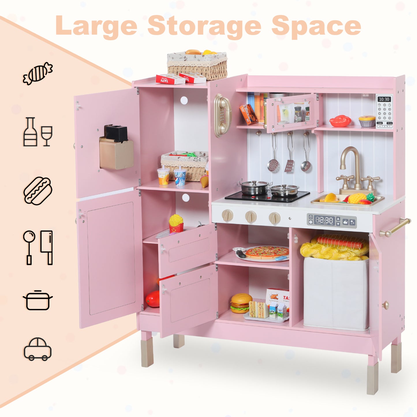 AILEEKISS Wood Kids Play Kitchen, Pretend Toy Kitchen Playset for Children with Sounds, Pink