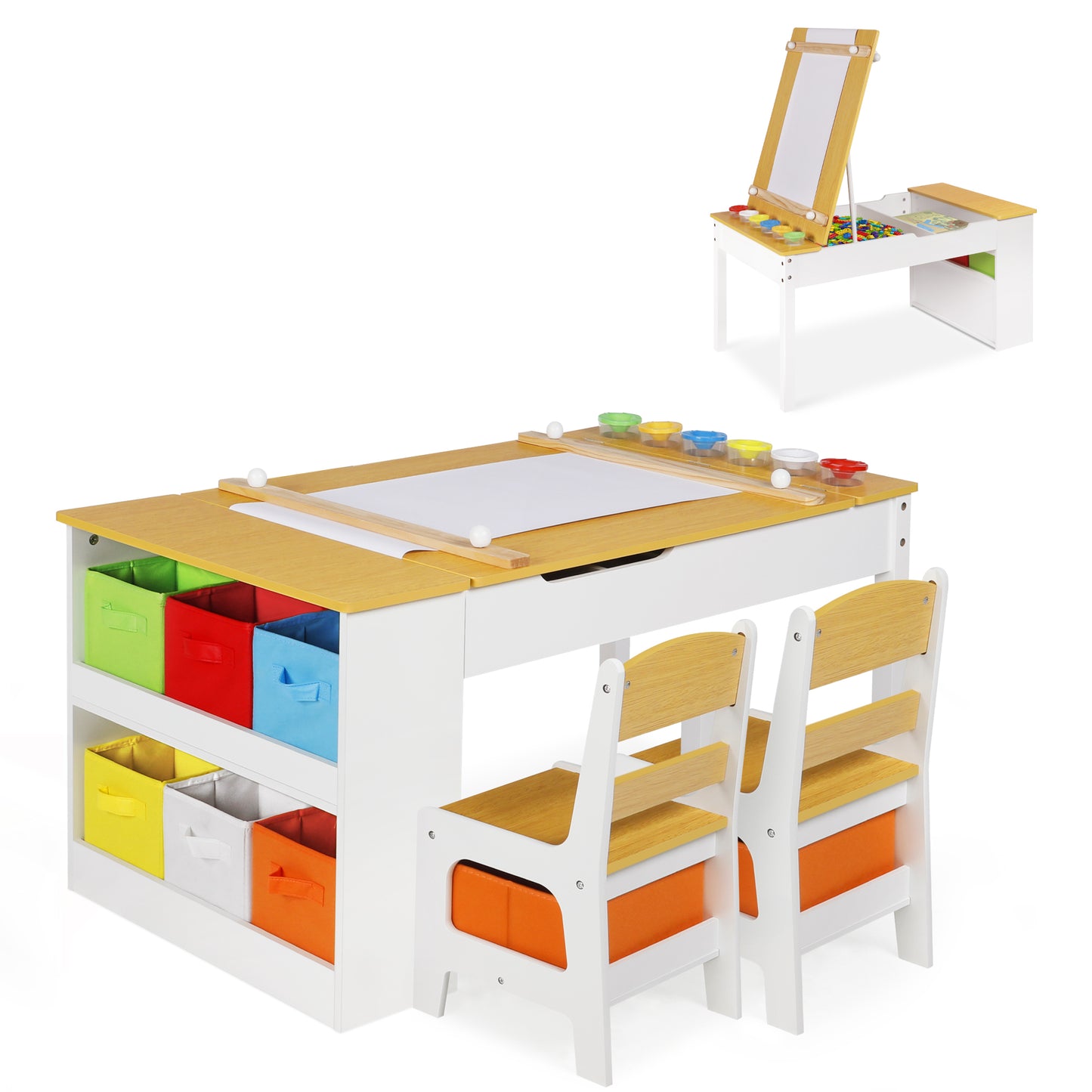 2 in 1 Kids Art Table and Chair Set, Toddler Art Easel & Craft Activity Desk w/ Paper Roll, Natural