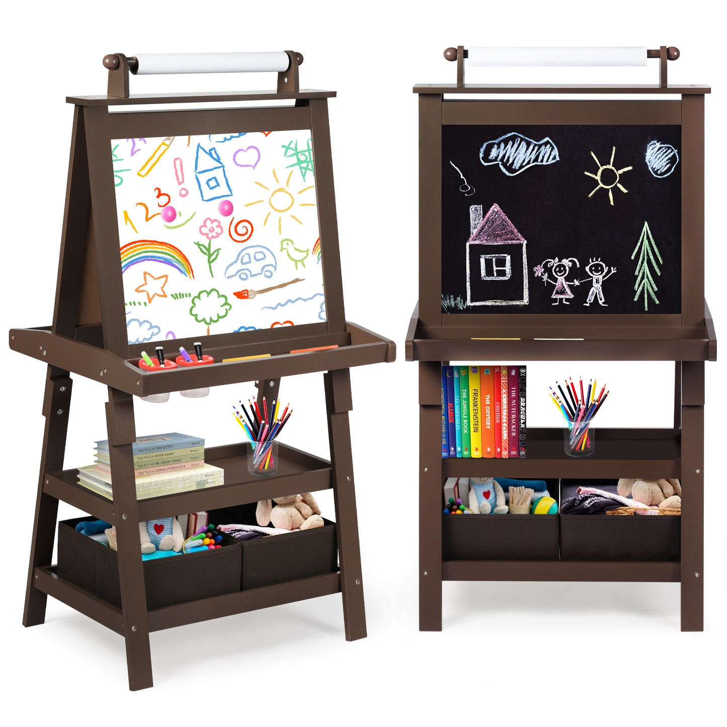 LINLUX 3 in 1 Kids Art Easel Drawing Board Double-Sided Whiteboard Chalkboard, Coffee