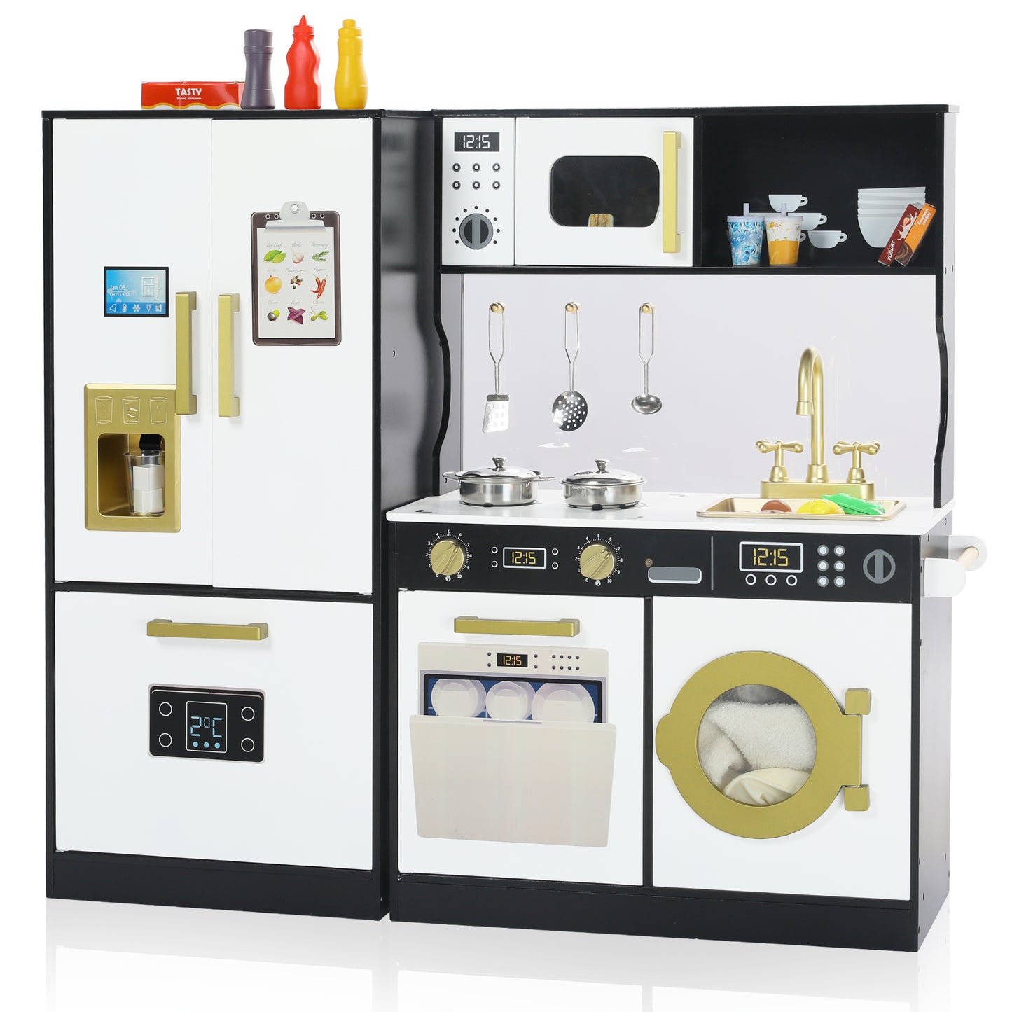 AILEEKISS Wood Kids Play Kitchen, Pretend Kitchen Playset for Children Age 3 Years up, Black