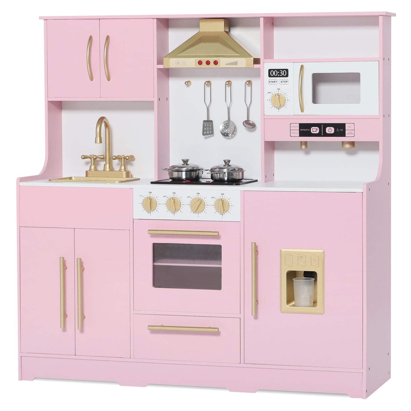 AILEEKISS Wood Kids Play Kitchen, Pretend Kitchen Playset for Children Age 3 Years up, Pink