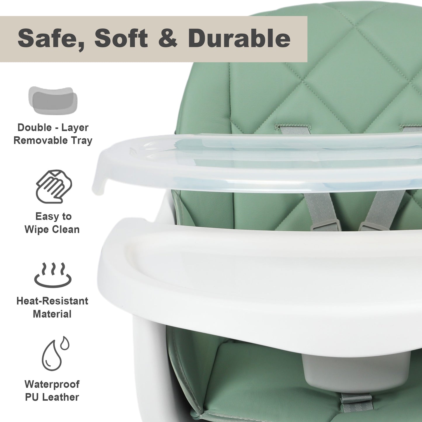 AILEEKISS 7 in 1 Wooden Baby High Chair Infant Feeding Chair with Removable Tray, Green
