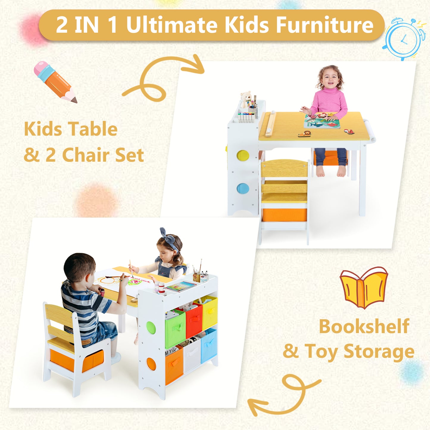 LINLUX Kids Art Table w/Easel, Kids Craft Table & Chair Set for Drawing, Child Activity Table, Natural