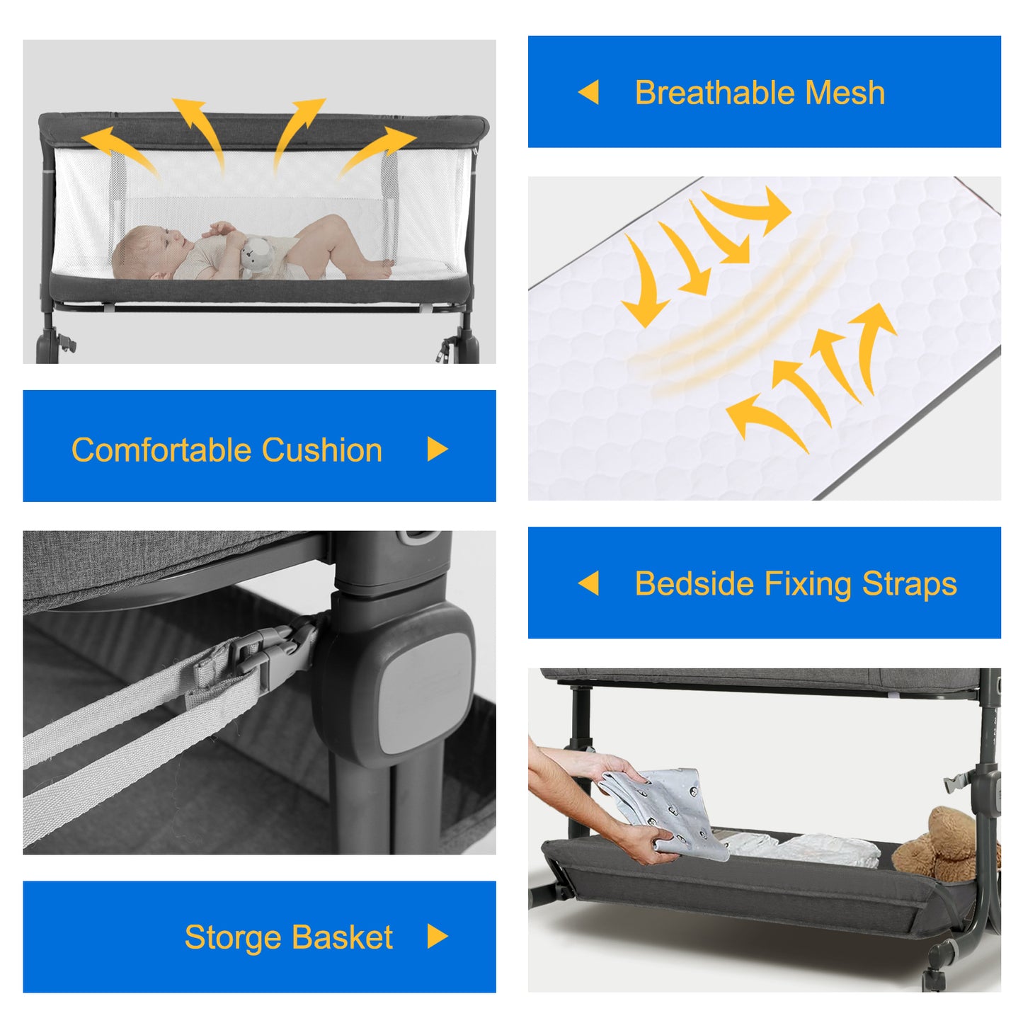 Baby Bassinet Bedside Sleeper with Wheels, Newborn Baby Cribs w/Storage Basket, Grey