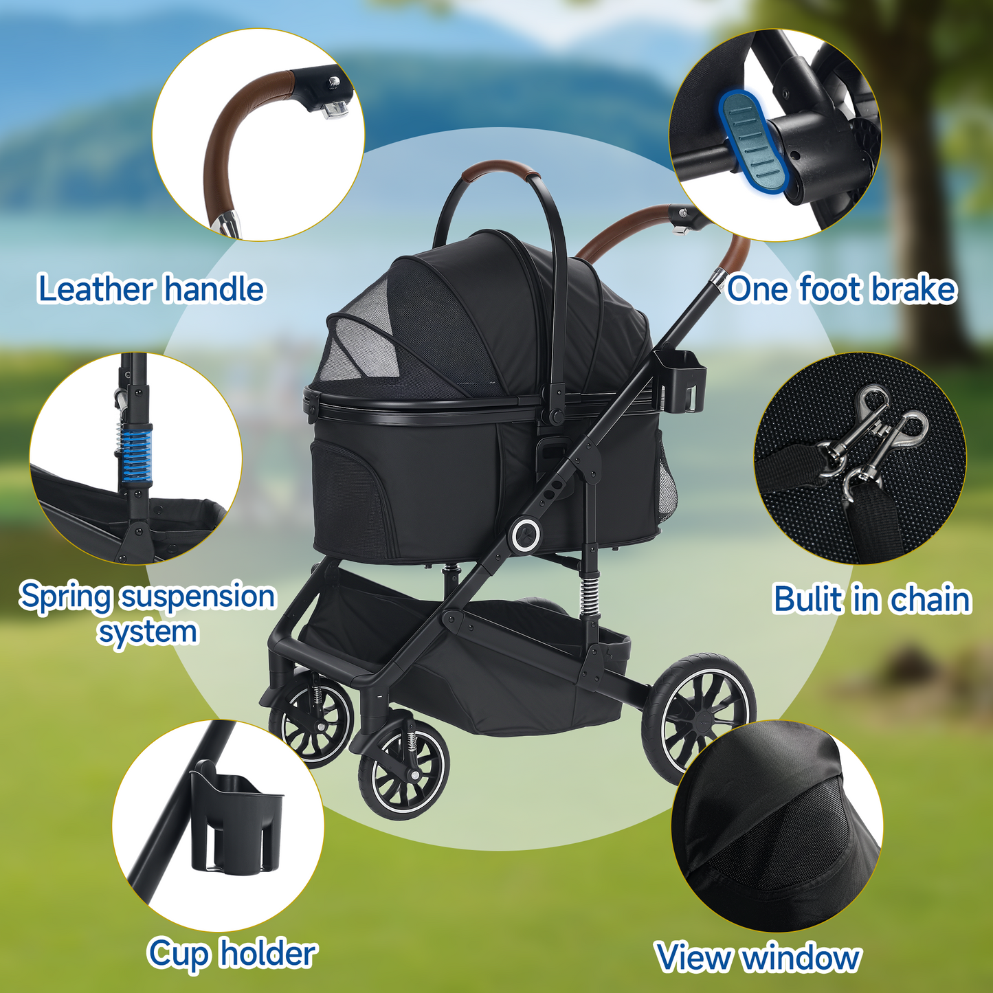AILEEKISS 4-Wheeled Pet Stroller, Folding Cat and Dog Stroller with Brake, Up to 58 LBS, Black