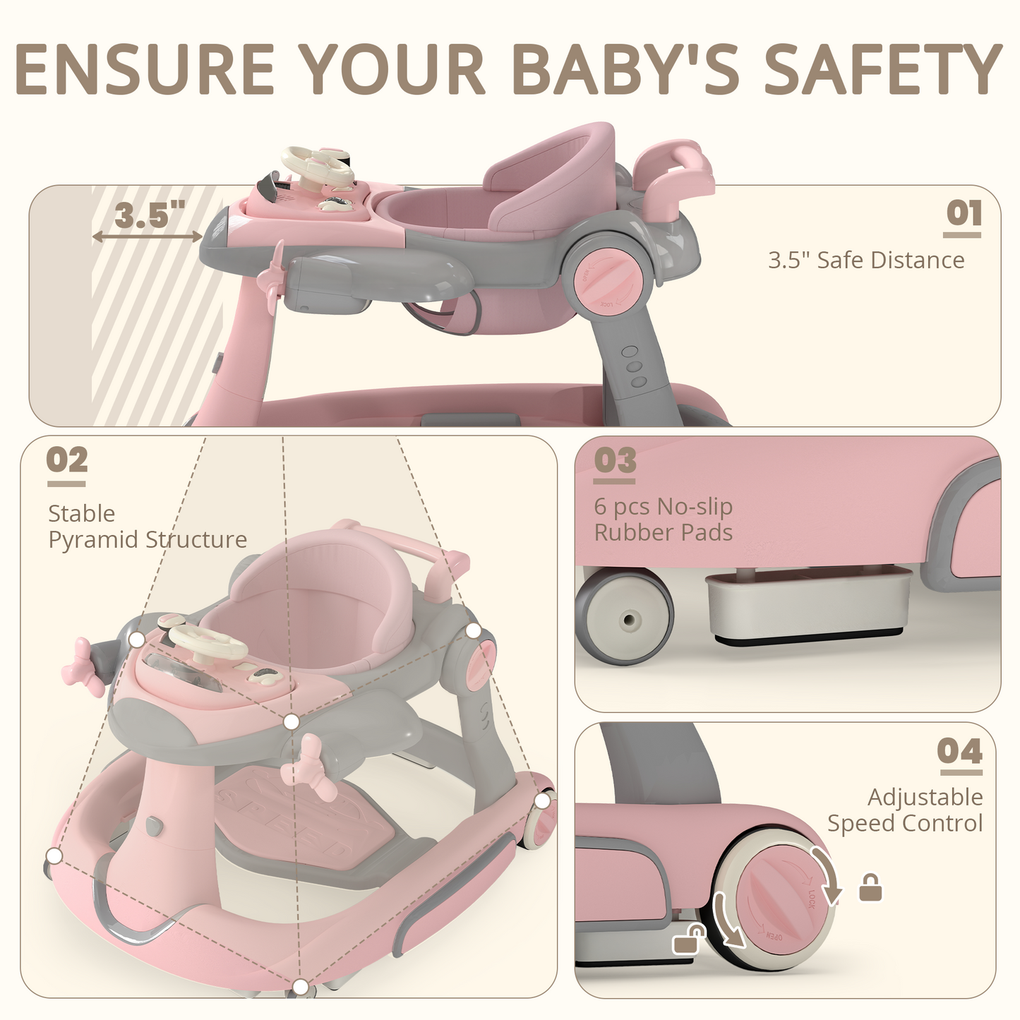 AILEEKISS 5-in-1 Musical Baby Walker with Wheels, Foldable Baby Walker for Boys Girls, Pink& Gray