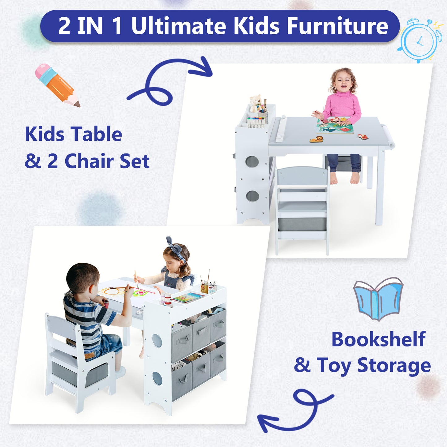 LINLUX Kids Art Table w/Easel, Kids Craft Table & Chair Set for Drawing, Child Activity Table, Grey