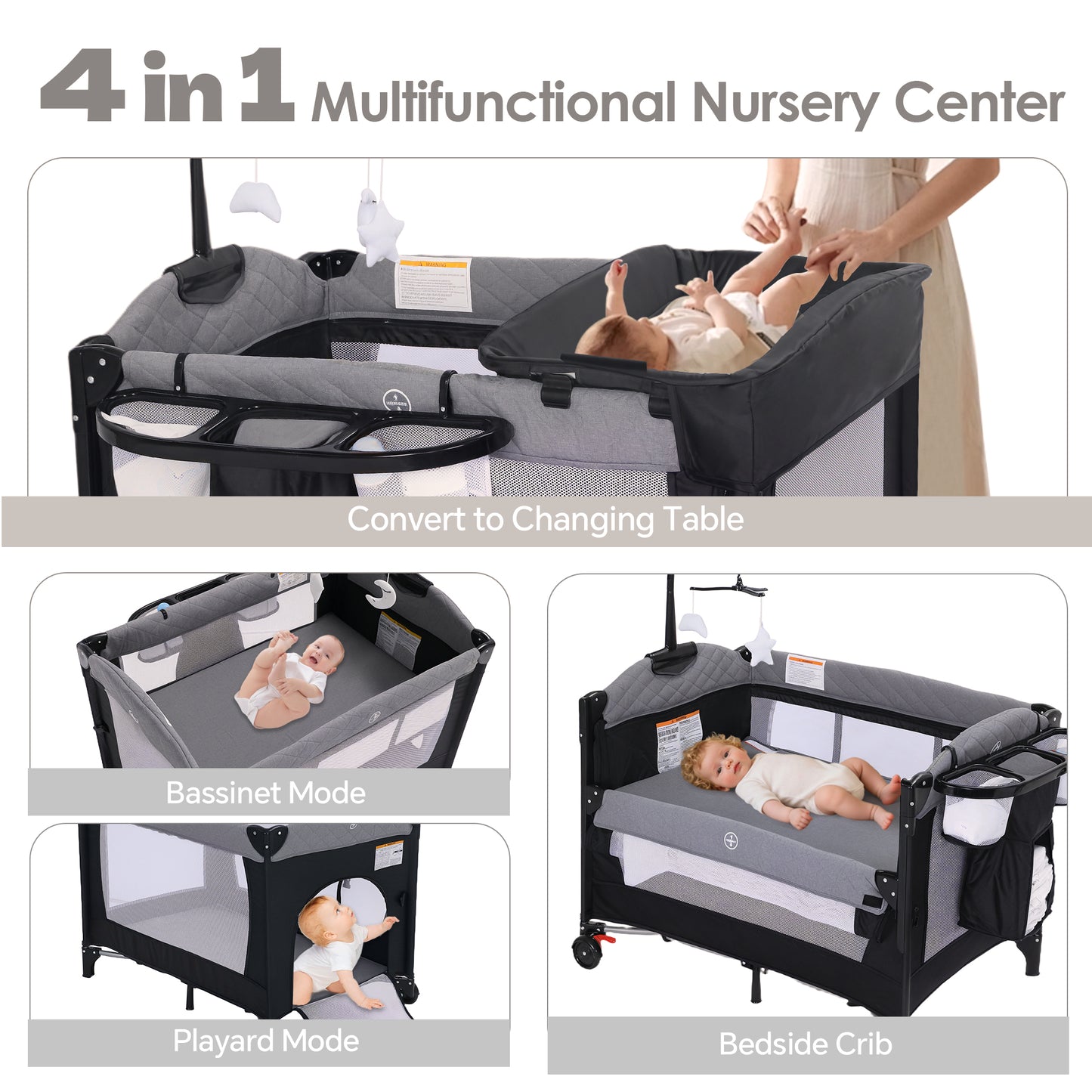 AILEEKISS 4-in-1 Portable Baby Play Yard with Changing Table for Newborn, Grey