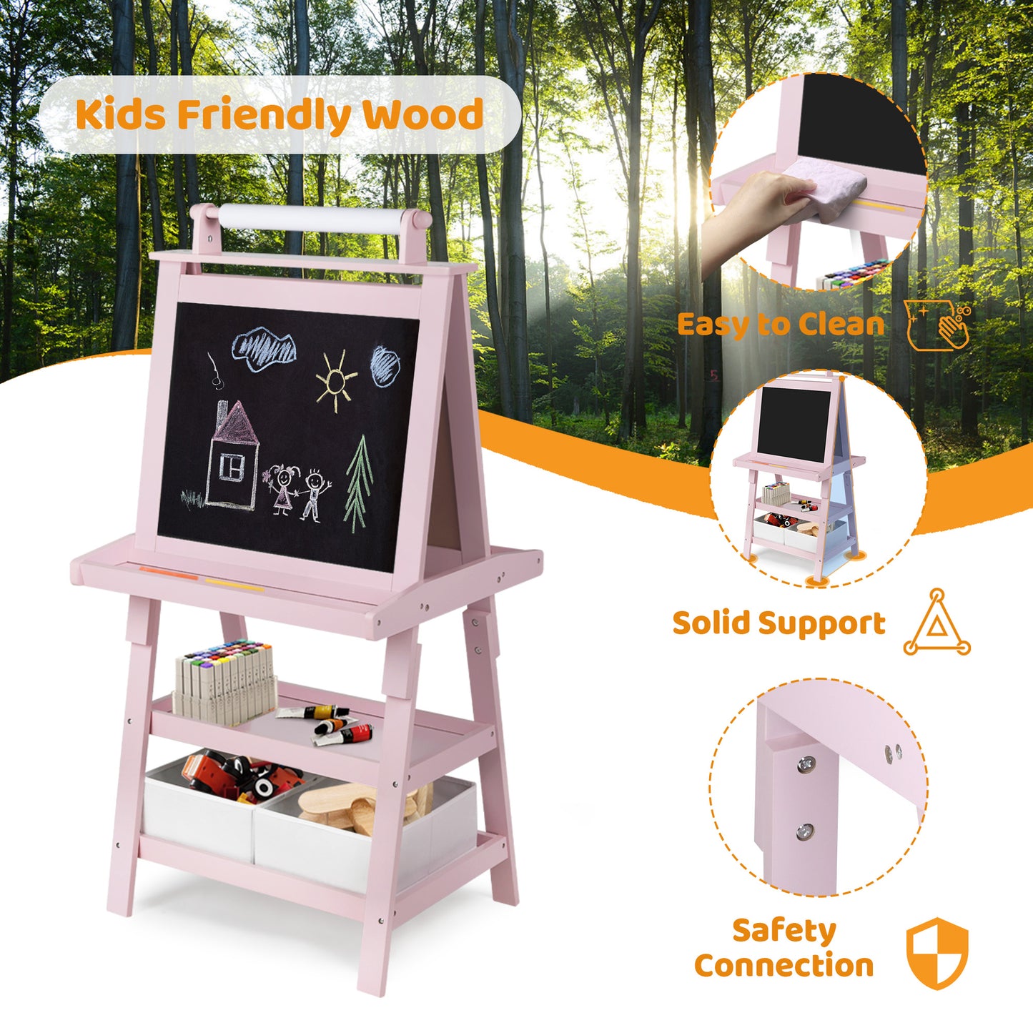 3 in 1 Kids Art Easel Double-Sided Magnetic Whiteboard Chalkboard Paper Roller, Pink