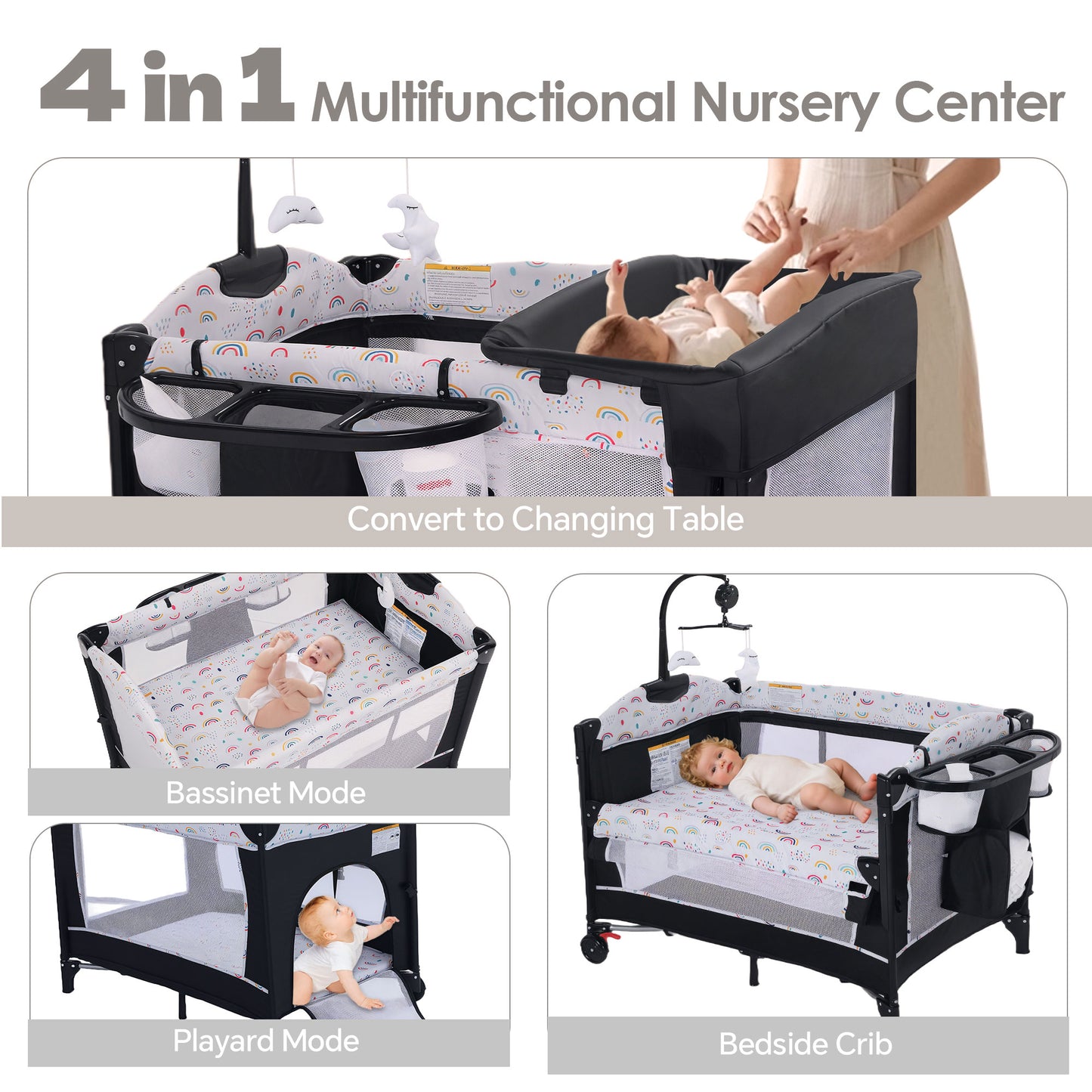 AILEEKISS 4-in-1 Portable Baby Play Yard with Changing Table for Newborn, Multicolor