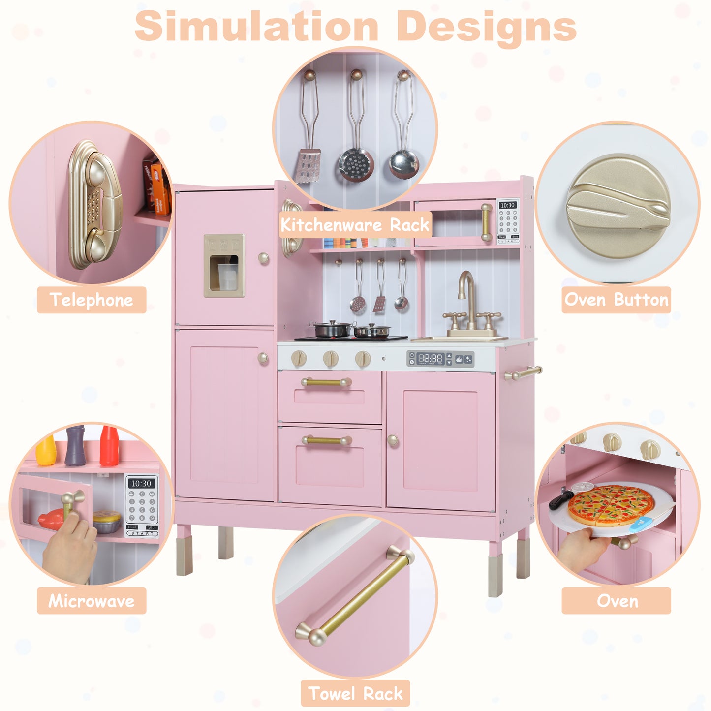 AILEEKISS Wood Kids Play Kitchen, Pretend Toy Kitchen Playset for Children with Sounds, Pink