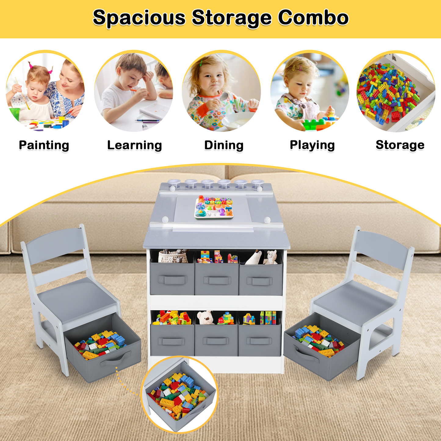 LINLUX 3 in 1 Kid Table & Chair Set Drawing, Child Activity Table, Kids Table Set Painting, Gray