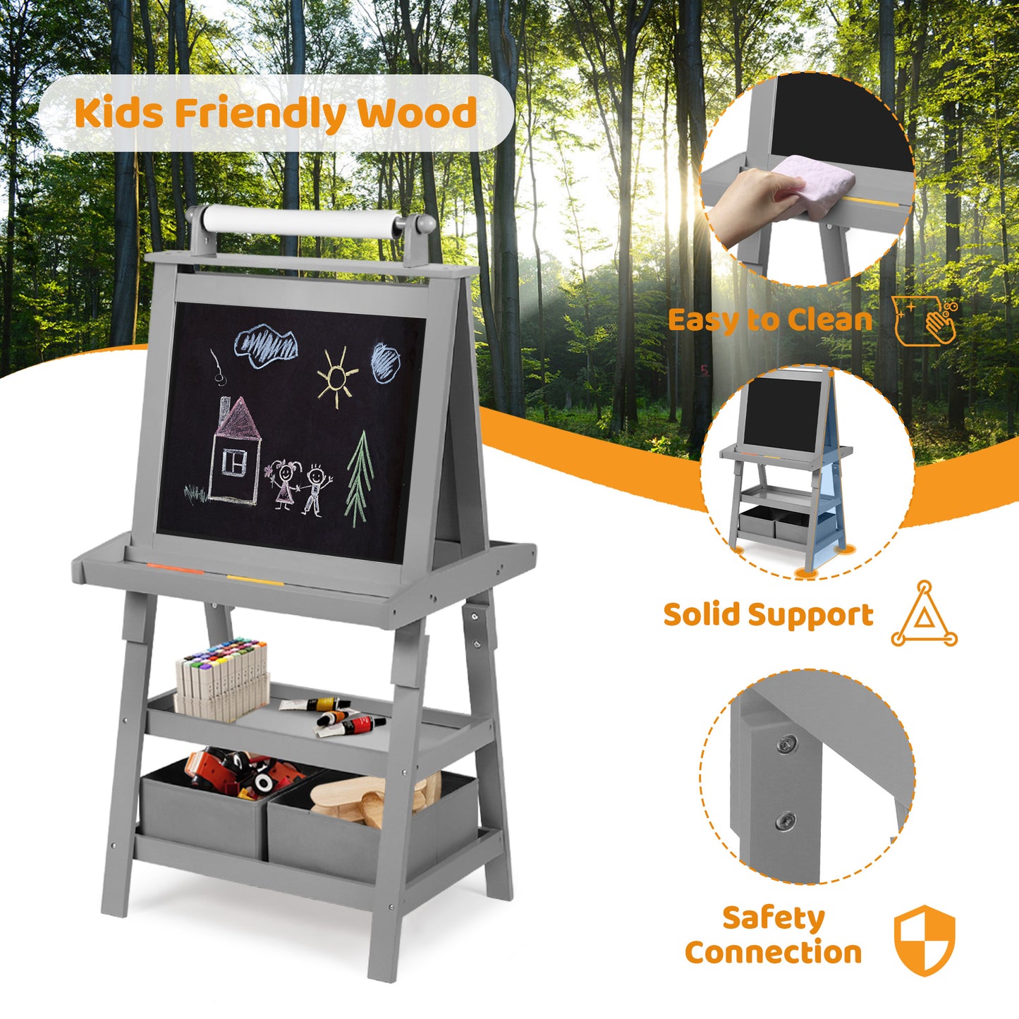 3 in 1 Kids Art Easel Double-Sided Magnetic Whiteboard Chalkboard Paper Roller, Grey