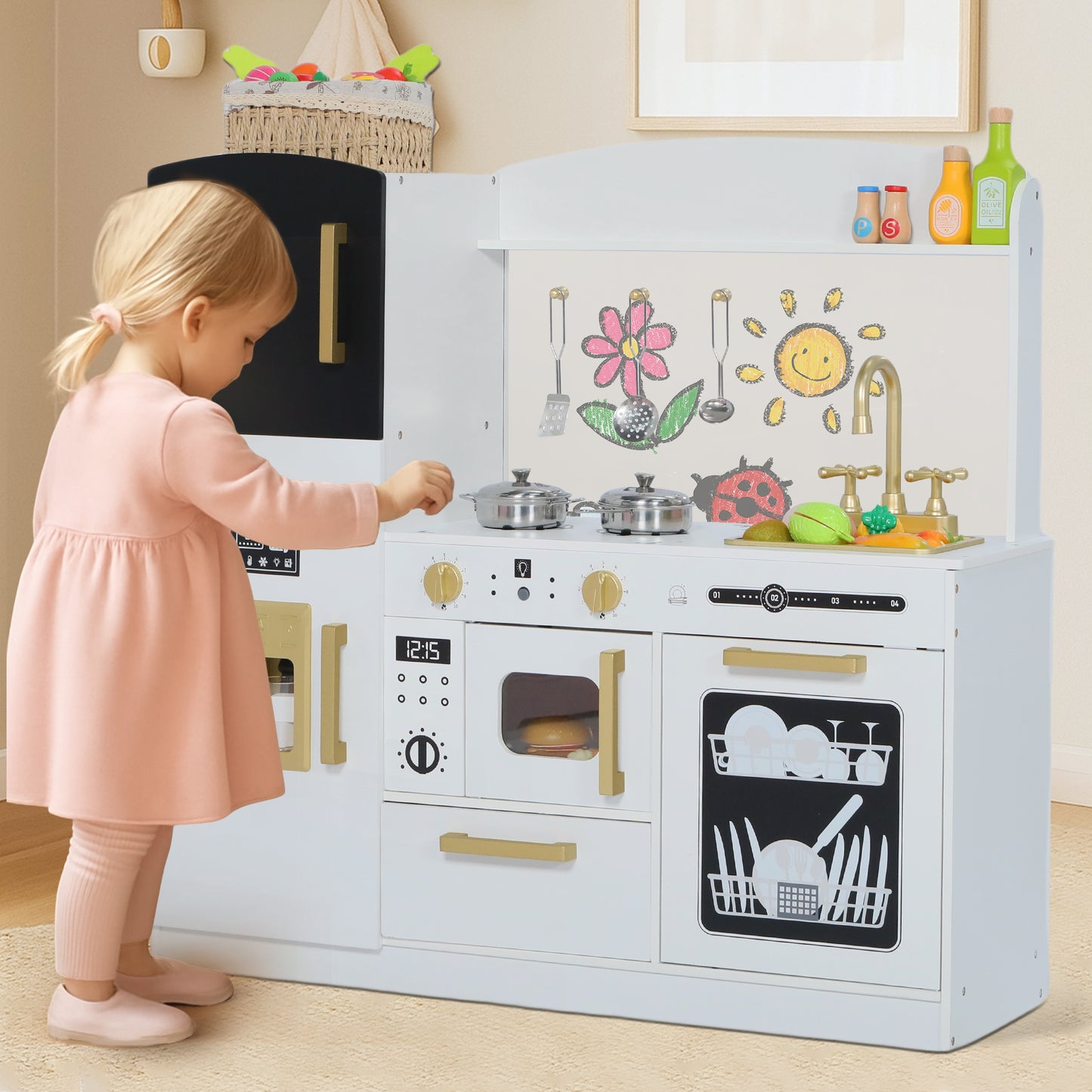 AILEEKISS Wood Kids Play Kitchen, Pretend Kitchen Playset for Children Age 3 Years up, White