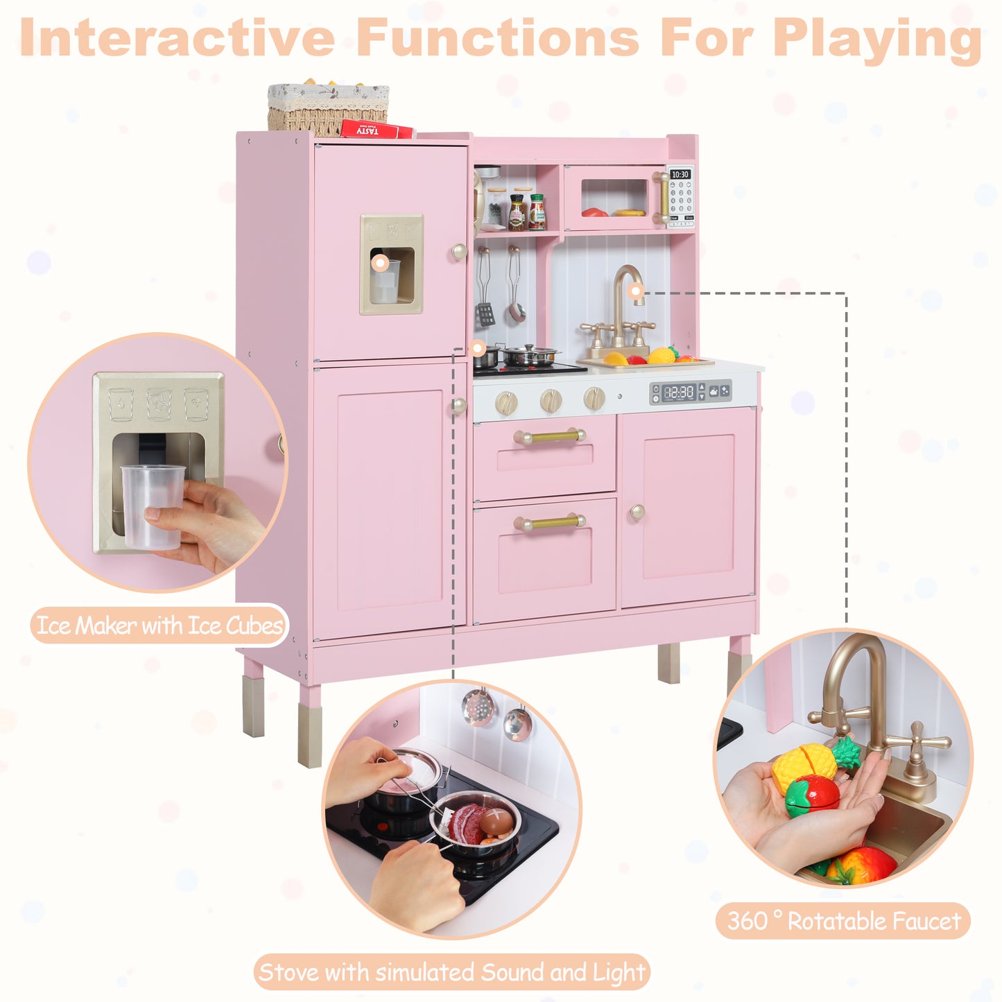 AILEEKISS Wood Kids Play Kitchen, Pretend Toy Kitchen Playset for Children with Sounds, Pink