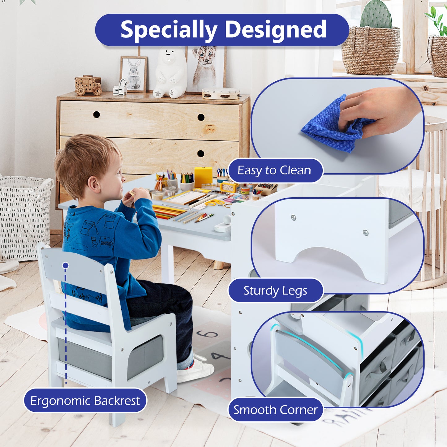 LINLUX Kids Art Table w/Easel, Kids Craft Table & Chair Set for Drawing, Child Activity Table, Grey