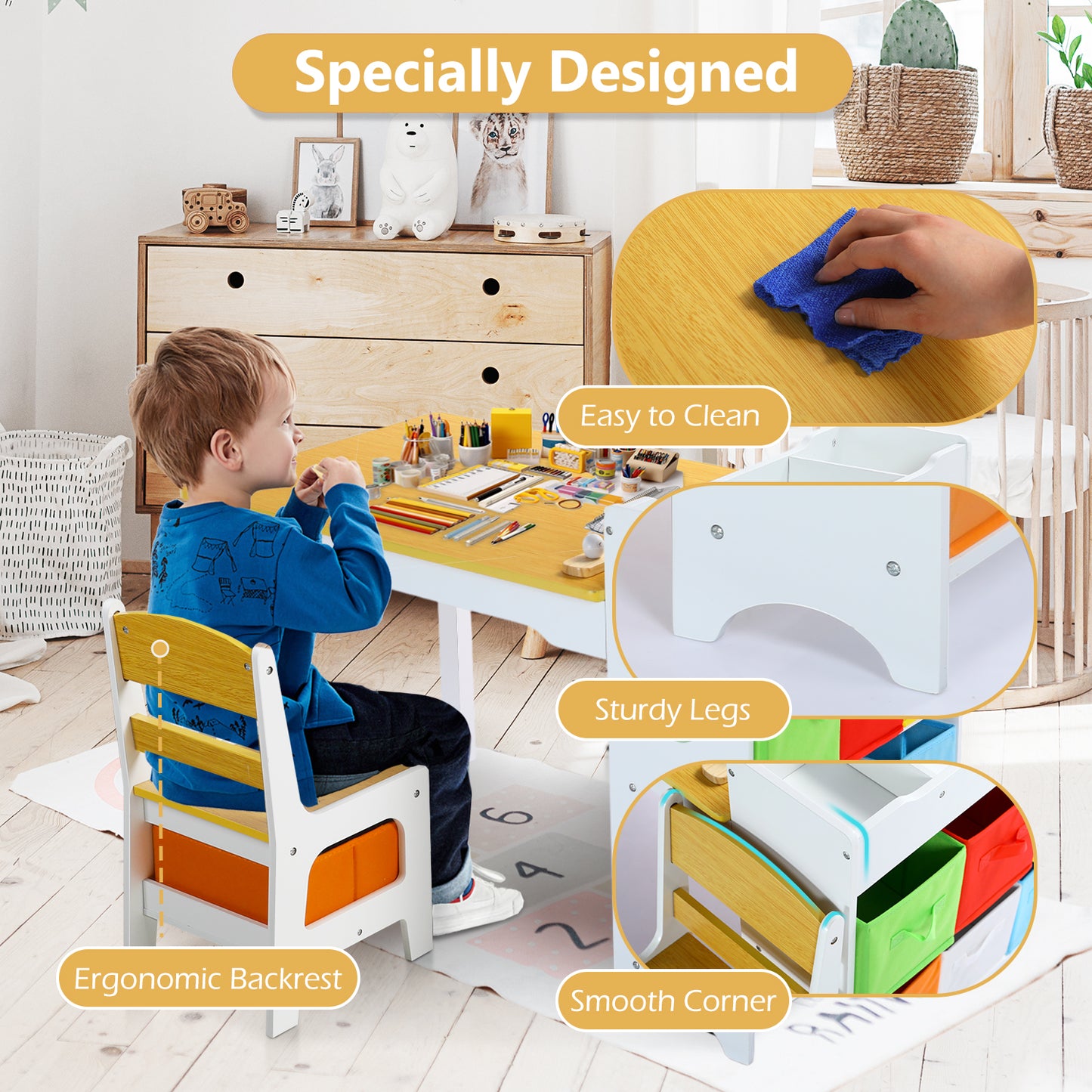 LINLUX Kids Art Table w/Easel, Kids Craft Table & Chair Set for Drawing, Child Activity Table, Natural
