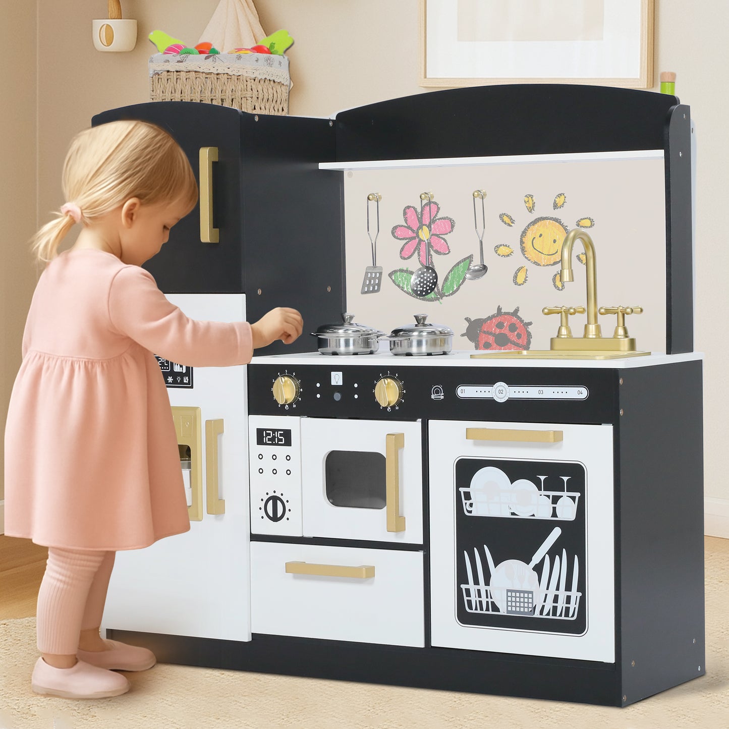 AILEEKISS Wood Kids Play Kitchen, Pretend Kitchen Playset for Children Age 3 Years up, Black