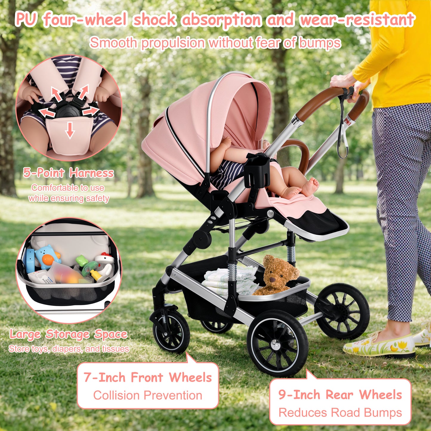 AILEEKISS Convertible Baby Stroller Folding Stroller for Toddler & Unisex Infant Carriage, Pink