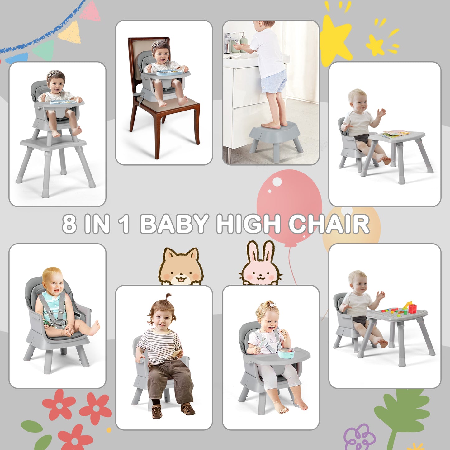 8 in 1 Baby High Chair, Toddler Dining Booster Seat for Eating, Light grey