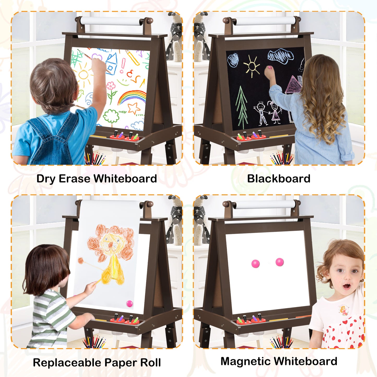 LINLUX 3 in 1 Kids Art Easel Drawing Board Double-Sided Whiteboard Chalkboard, Coffee