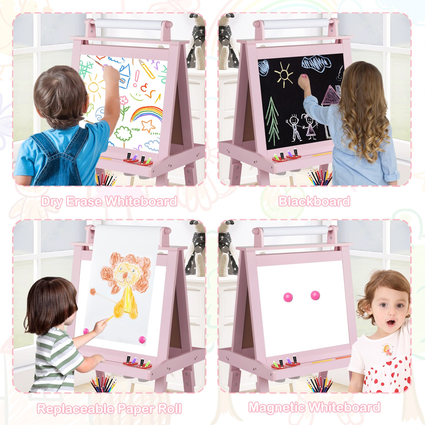 LINLUX 3 in 1 Kids Art Easel Drawing Board Double-Sided Whiteboard Chalkboard, Pink
