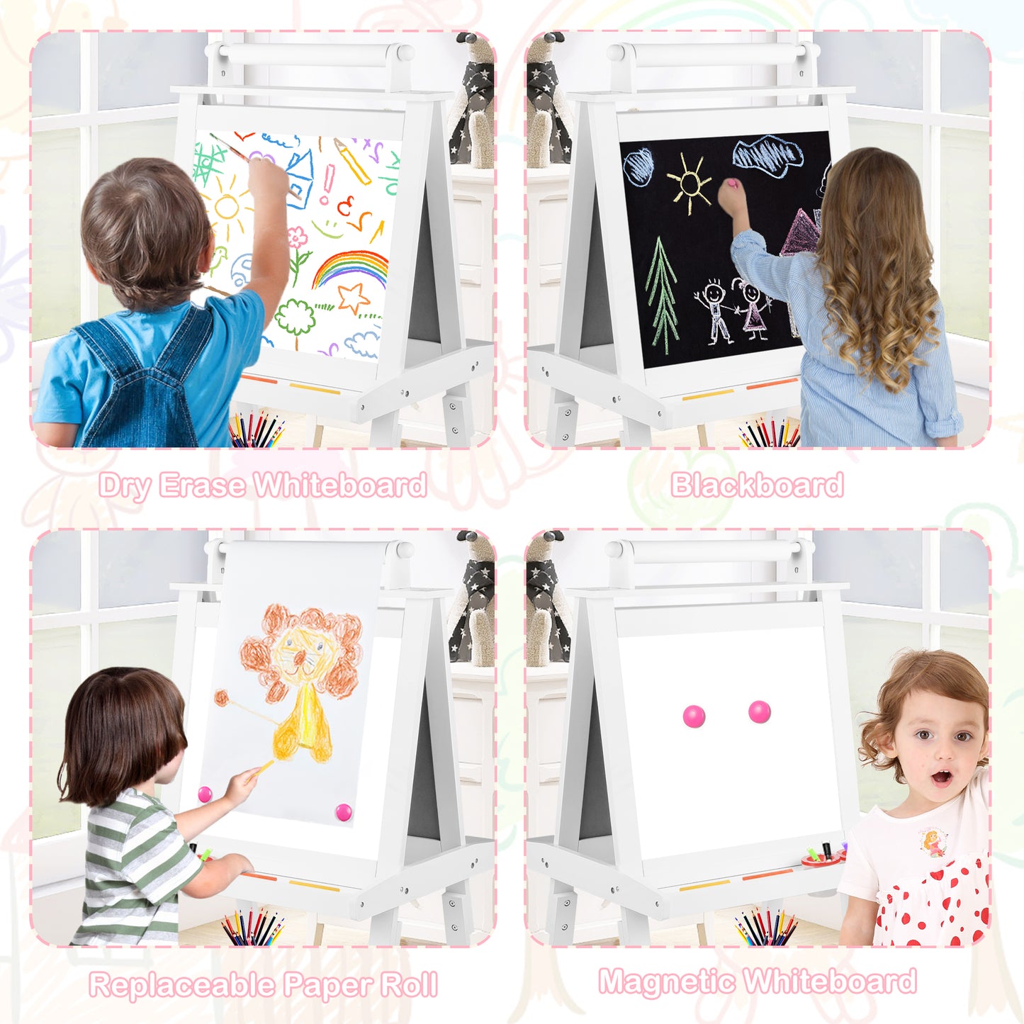 LINLUX 3 in 1 Kids Art Easel Drawing Board Double-Sided Whiteboard Chalkboard, White