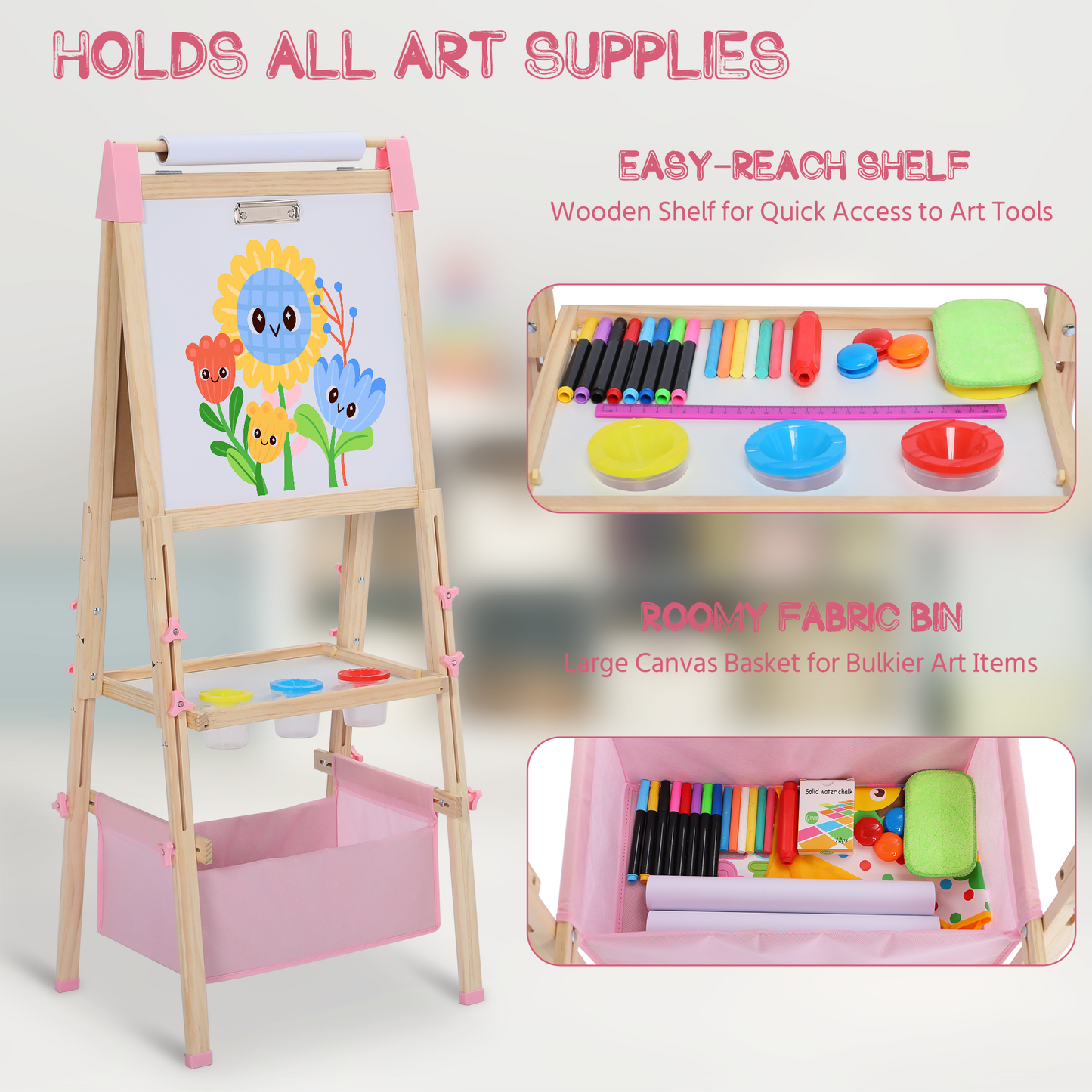 AILEEKISS Kids Art Easel Double-Sided Art Easel with Whiteboard and Chalkboard for Painting Pink