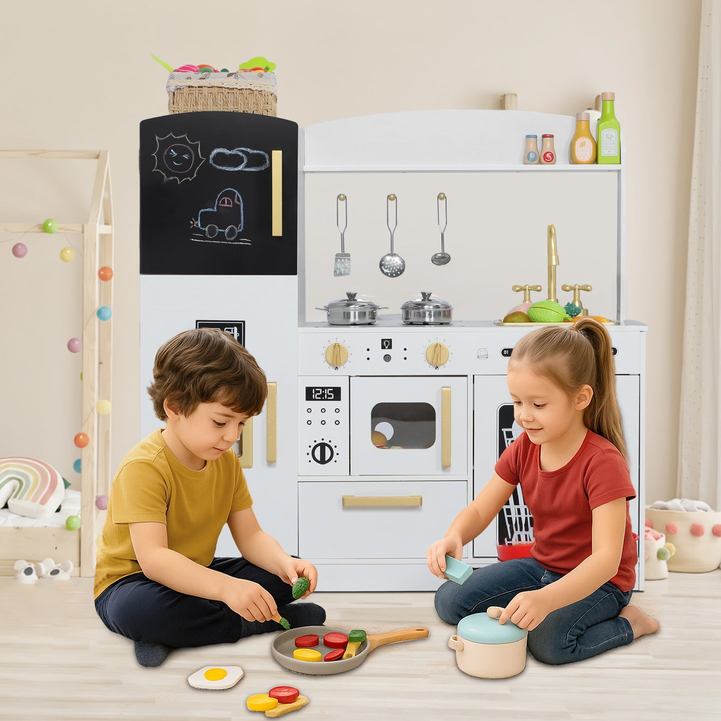 AILEEKISS Wood Kids Play Kitchen, Pretend Kitchen Playset for Children Age 3 Years up, White