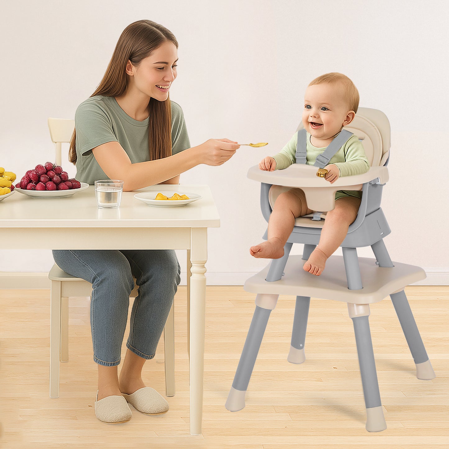 AILEEKISS 8 in 1 Baby High Chair, Toddler Dining Booster Seat for Eating, Khaki