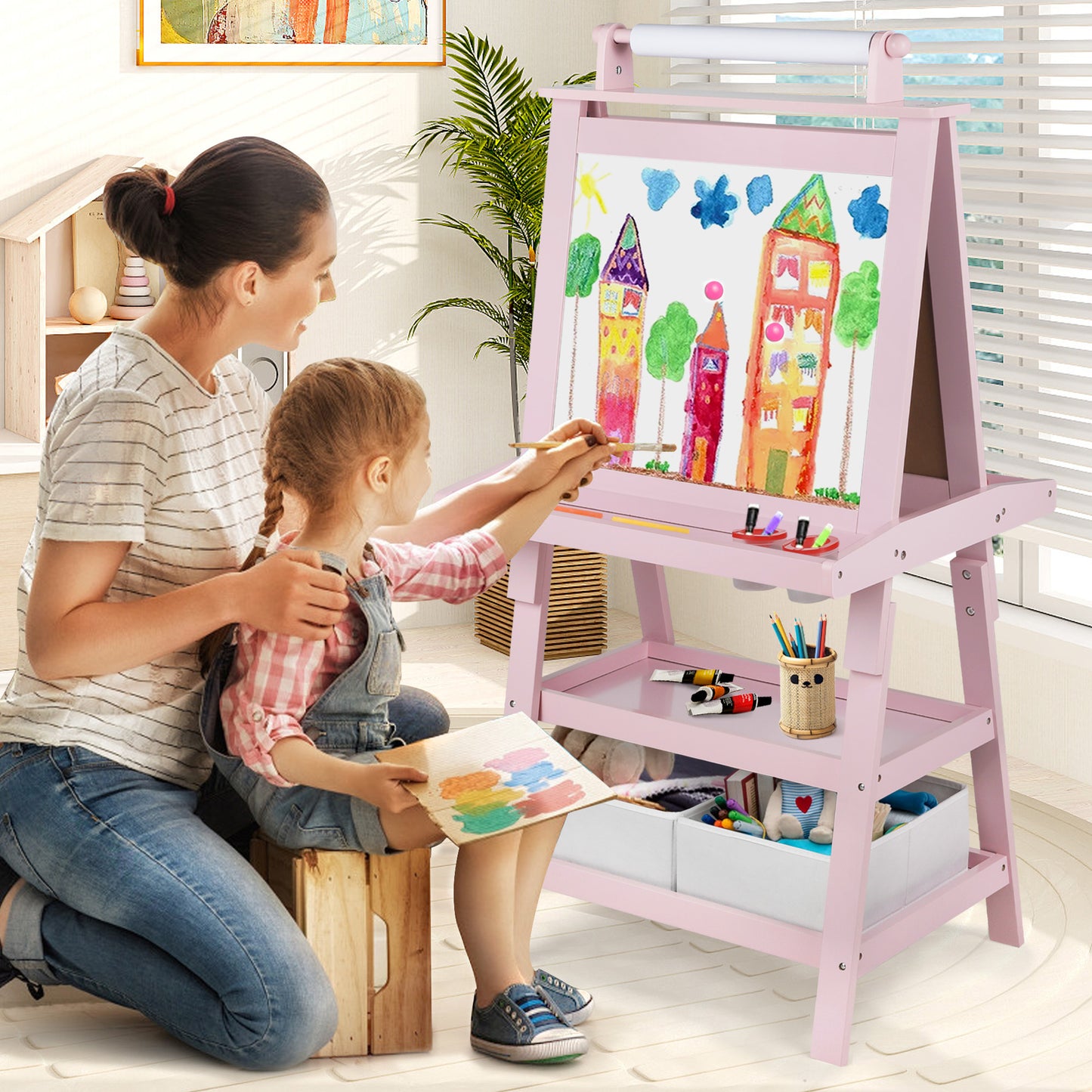 3 in 1 Kids Art Easel Double-Sided Magnetic Whiteboard Chalkboard Paper Roller, Pink