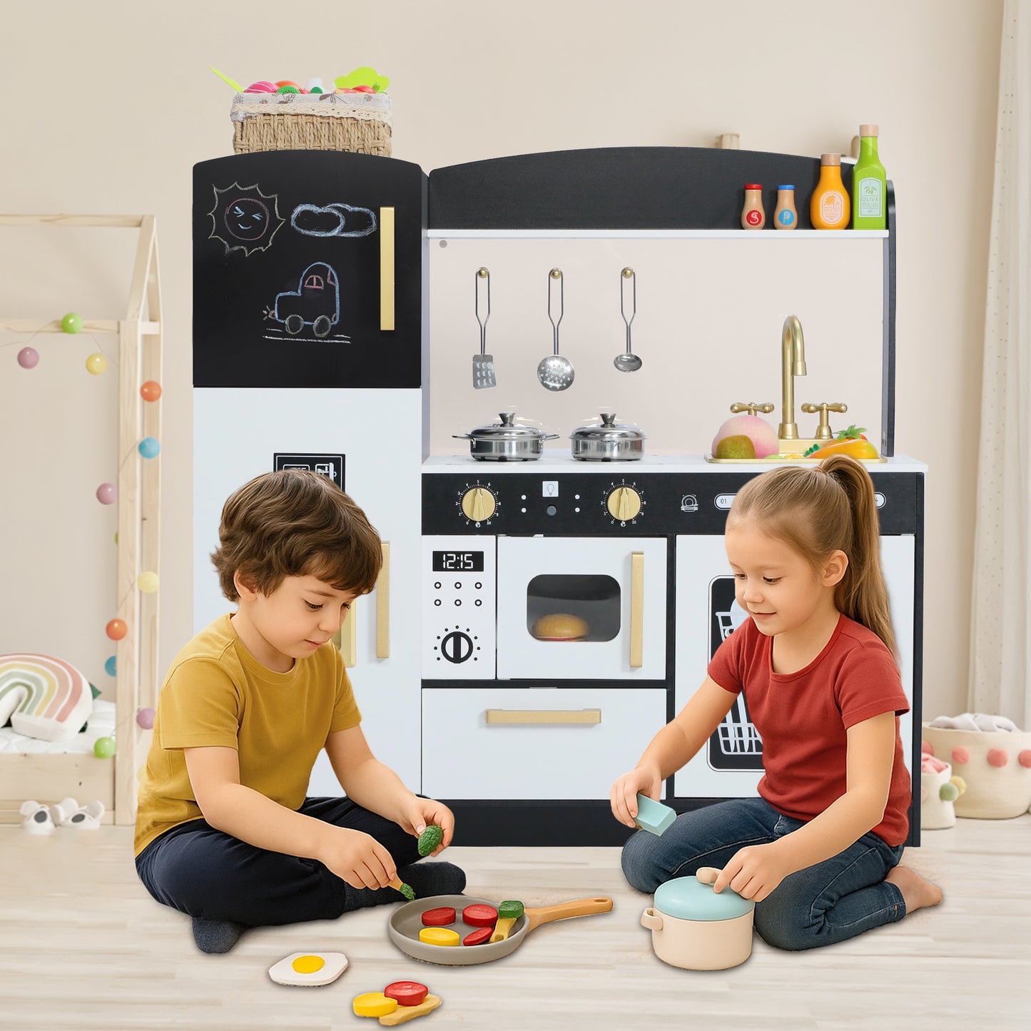 AILEEKISS Wood Kids Play Kitchen, Pretend Kitchen Playset for Children Age 3 Years up, Black