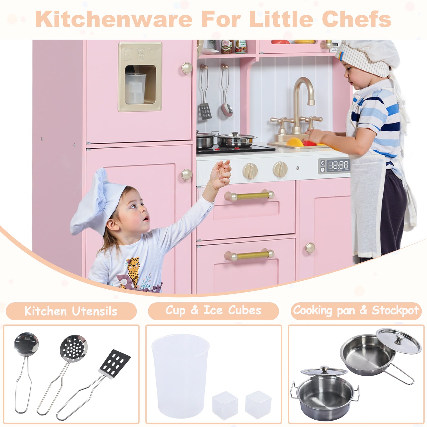 AILEEKISS Wood Kids Play Kitchen, Pretend Toy Kitchen Playset for Children with Sounds, Pink