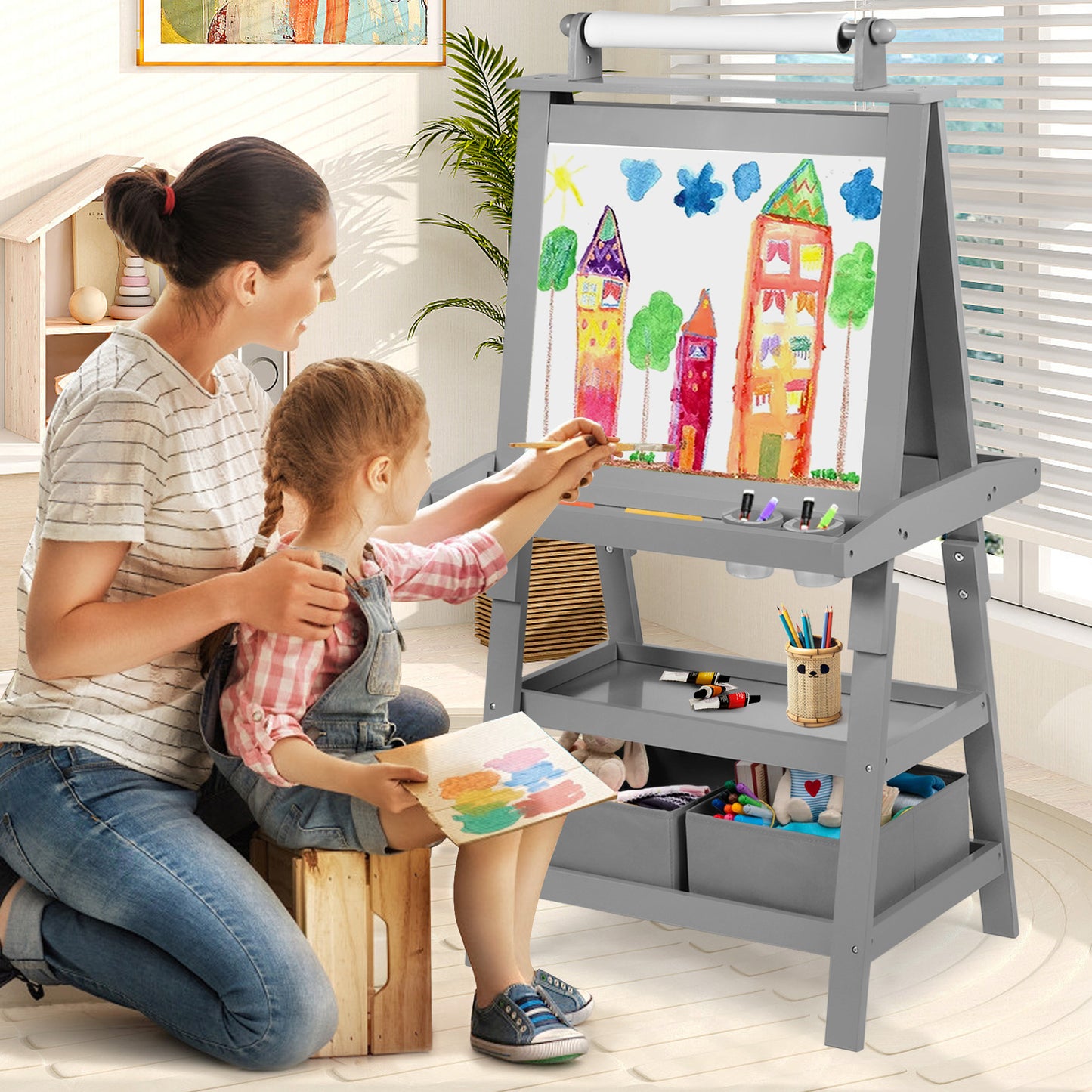 3 in 1 Kids Art Easel Double-Sided Magnetic Whiteboard Chalkboard Paper Roller, Grey
