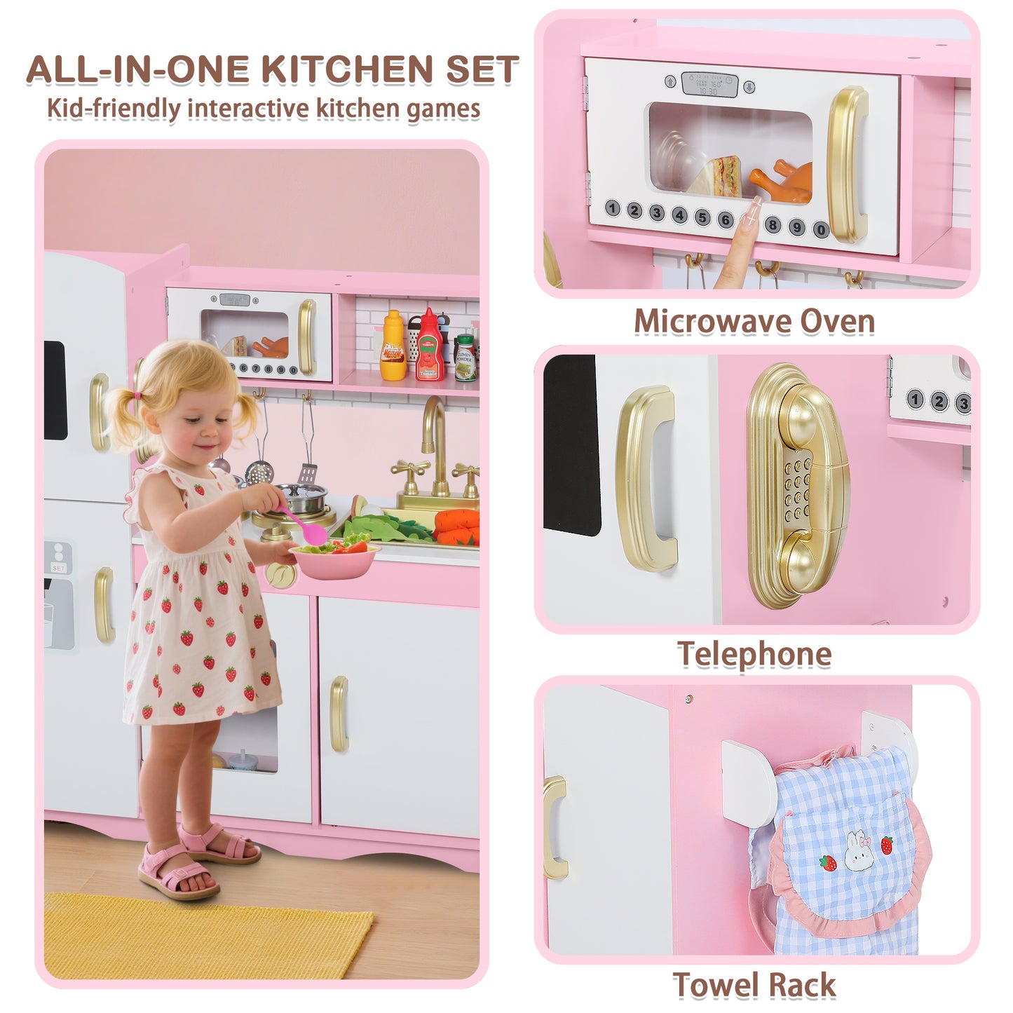 AILEEKISS Kids Play Kitchen Set, Wood Kitchen Playset for Toddler with Accessories, Gold Pink