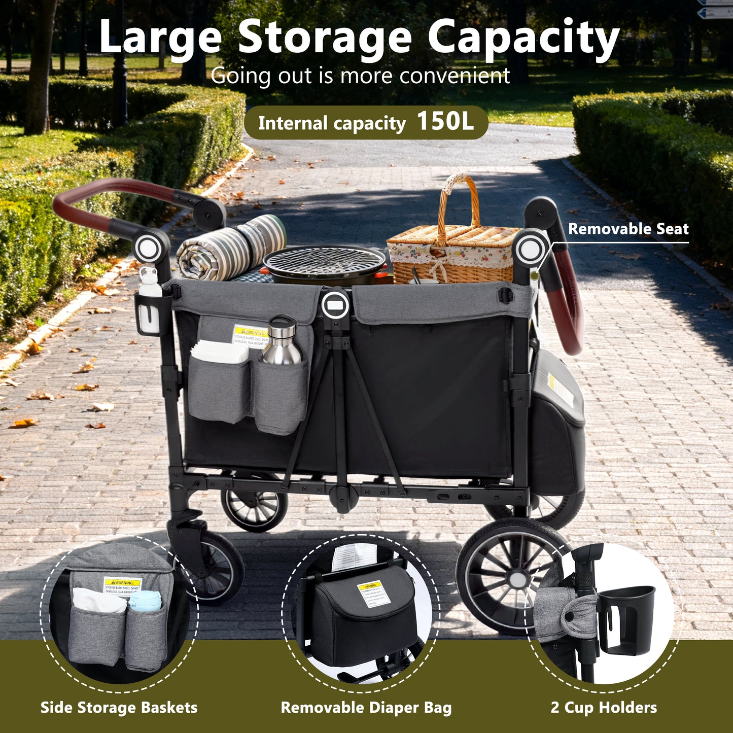 LINLUX 2 Kids Wagon Stroller, Foldable Outdoor 2-Seat Stroller Wagon, Removable Canopy, 55 Pound, Black