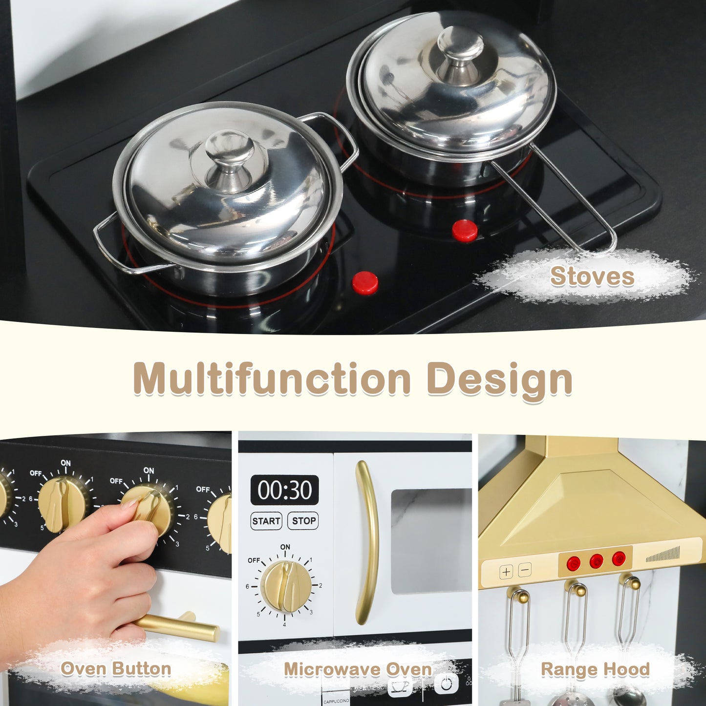 AILEEKISS Wood Kids Play Kitchen, Pretend Kitchen Playset for Children Age 3 Years up, Black