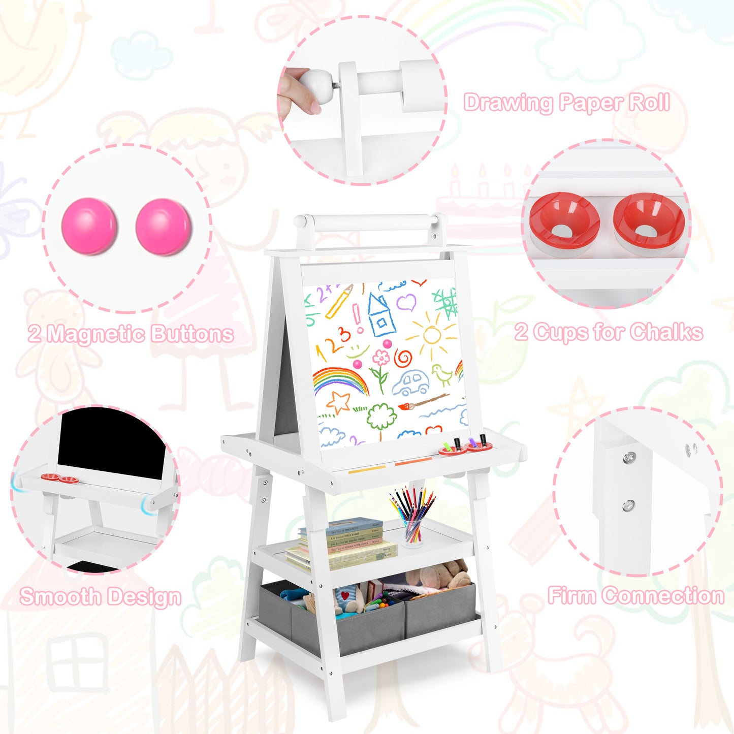 LINLUX 3 in 1 Kids Art Easel Drawing Board Double-Sided Whiteboard Chalkboard, White