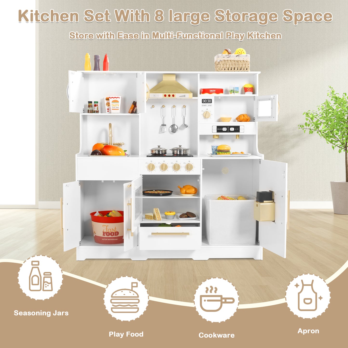 AILEEKISS Wood Kids Play Kitchen, Pretend Kitchen Playset for Children Age 3 Years up, White