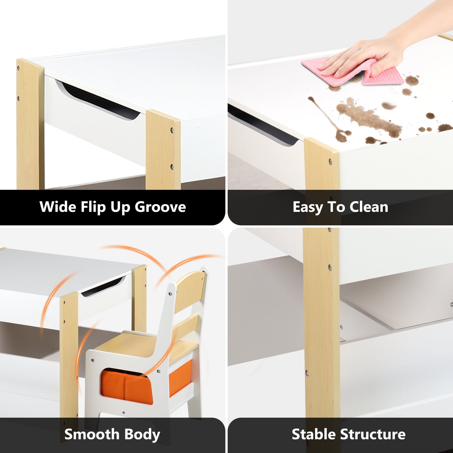 LINLUX Kids Table and Chair Set, Wooden Table Set for Kids, Child Activity Desk W/ Bookshelf, Natural