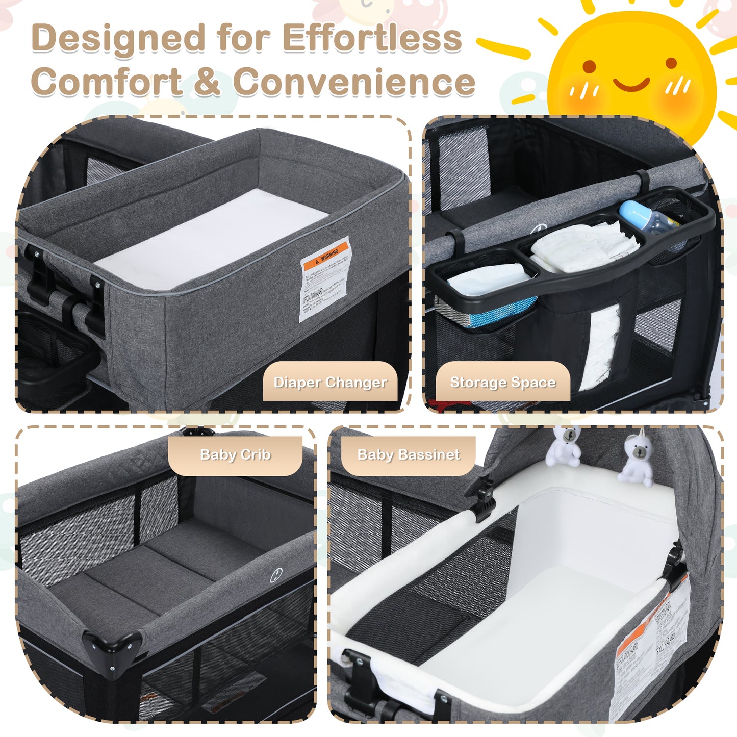 AILEEKISS 3-in-1 Nursery Center, Foldable Baby Playard with Changing Table for Newborn, Black