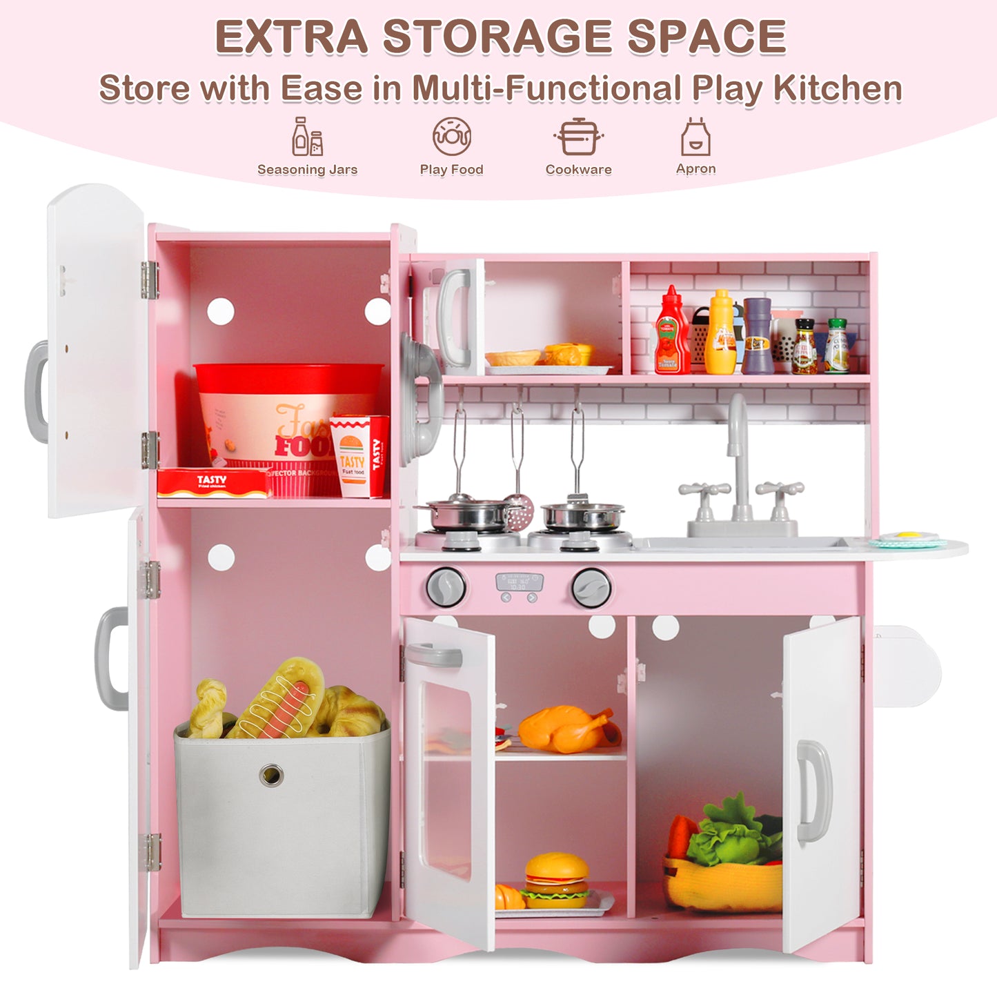 AILEEKISS Kids Play Kitchen Set, Wood Kitchen Playset for Toddler with Accessories, Pink