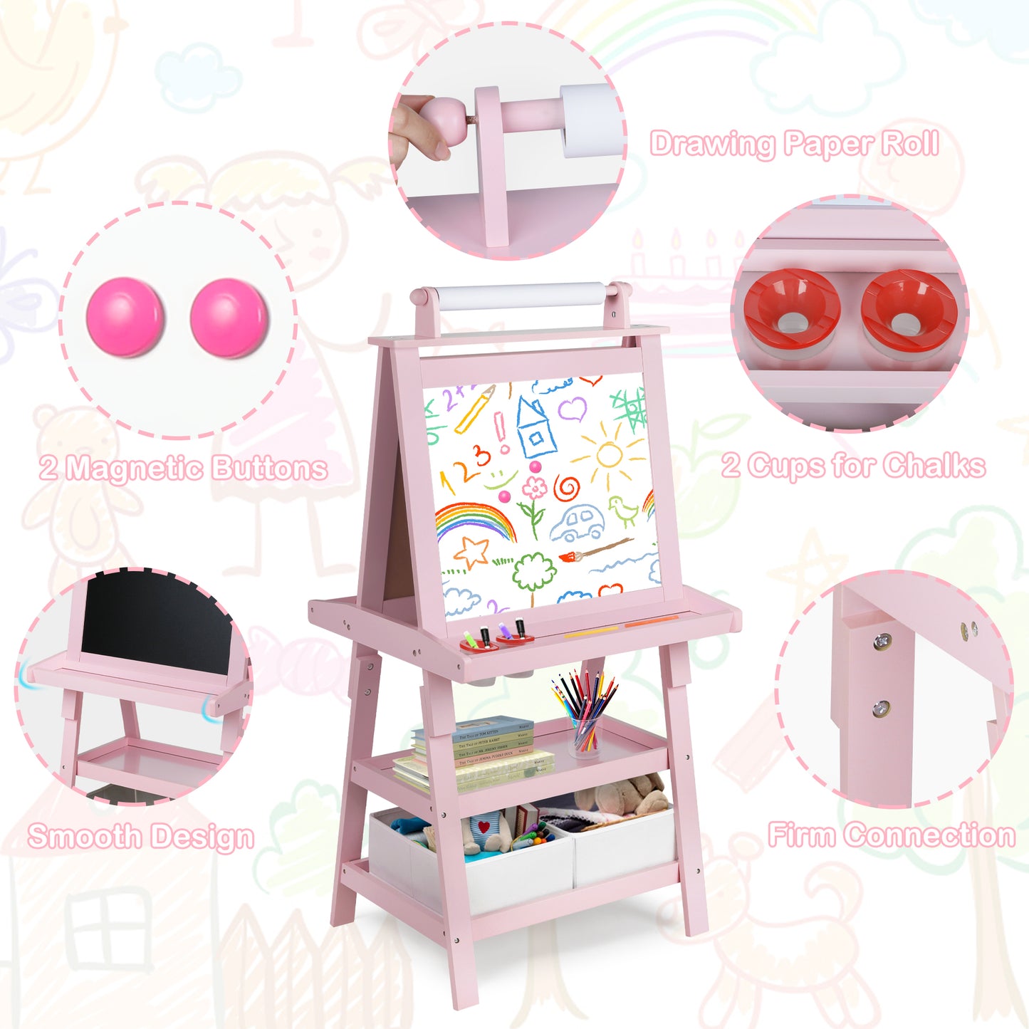 LINLUX 3 in 1 Kids Art Easel Drawing Board Double-Sided Whiteboard Chalkboard, Pink