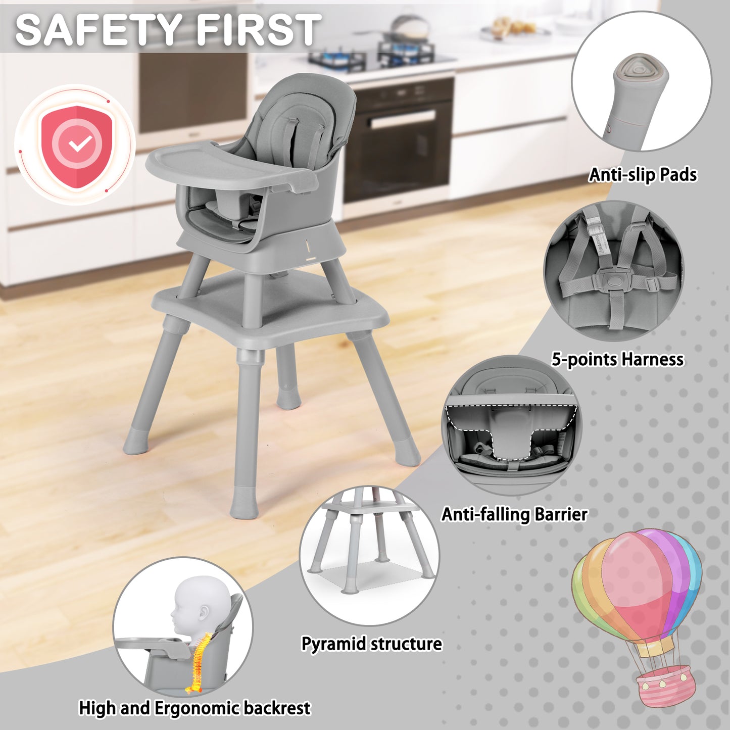 8 in 1 Baby High Chair, Toddler Dining Booster Seat for Eating, Light grey